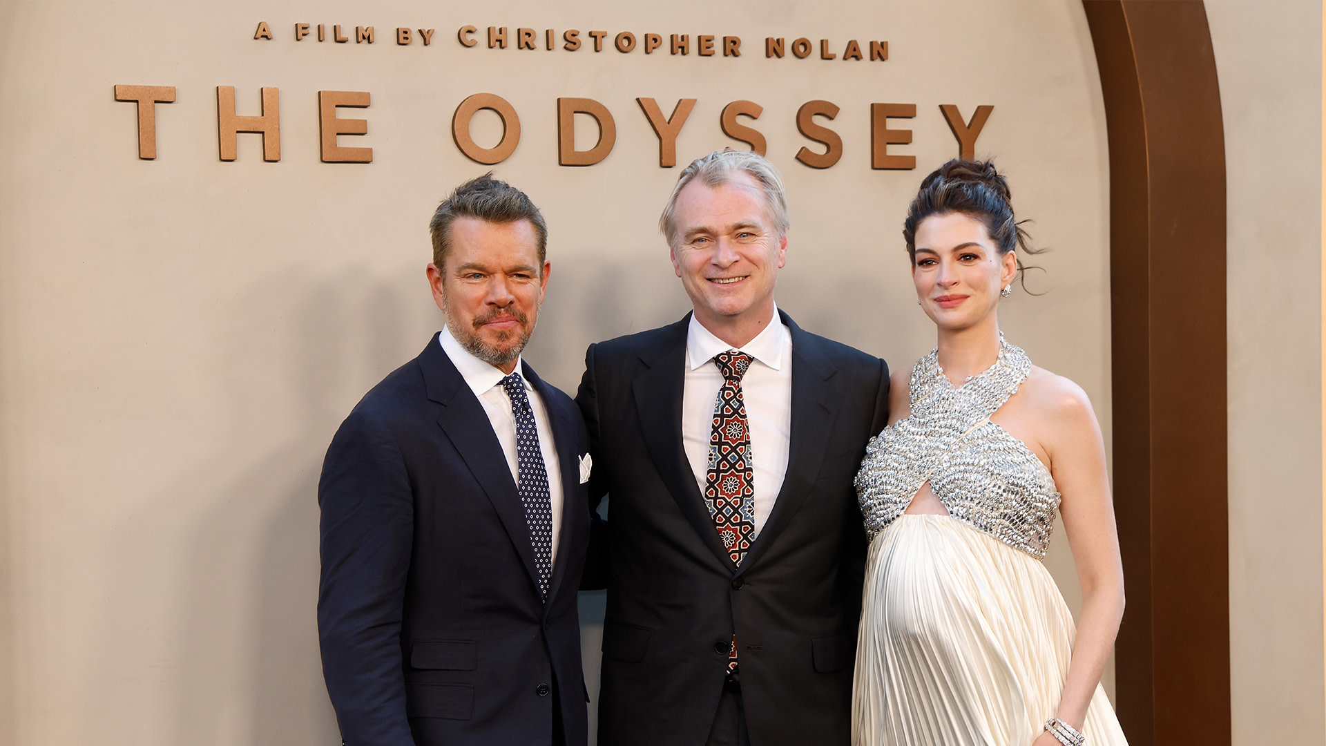 Matt Damon, Christopher Nolan, and Anne Hathaway attend the New York premiere of "The Odyssey" at AMC Lincoln Square Theater on July 14, 2026 in New York City.