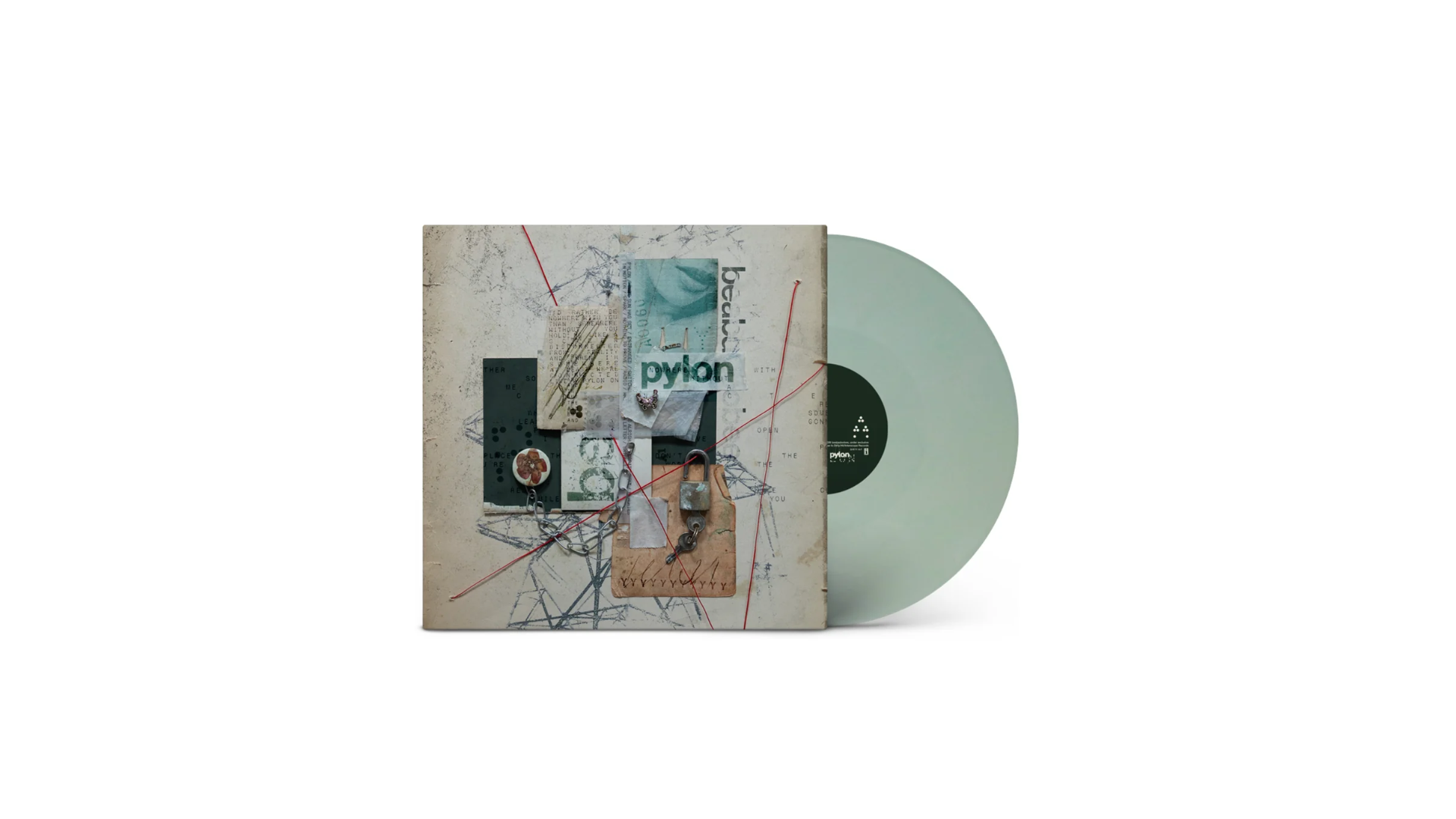 Vinyl record with cover art featuring abstract collage design and the word "Pylon." The vinyl is a Sea Foam color.