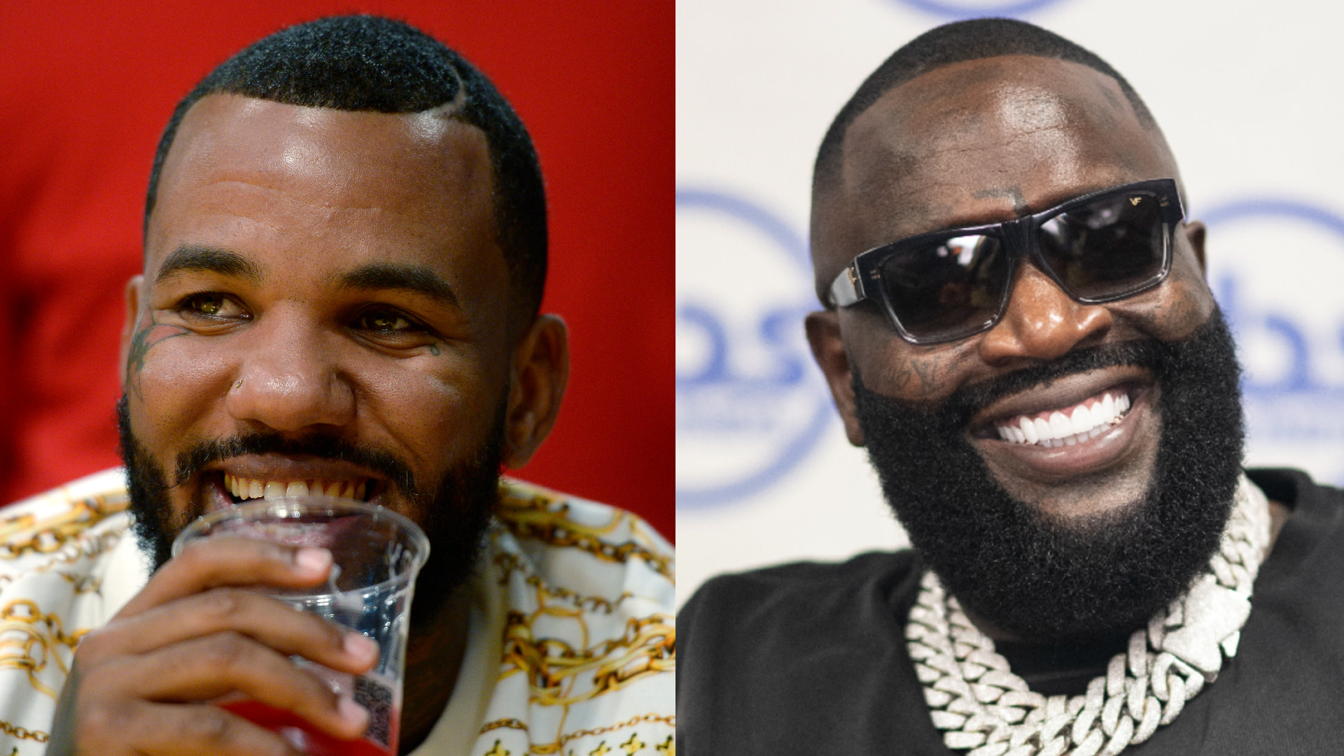 Two images: The Game smiling with a drink, wearing a patterned shirt; Rick Ross smiling in sunglasses and a chain necklace.