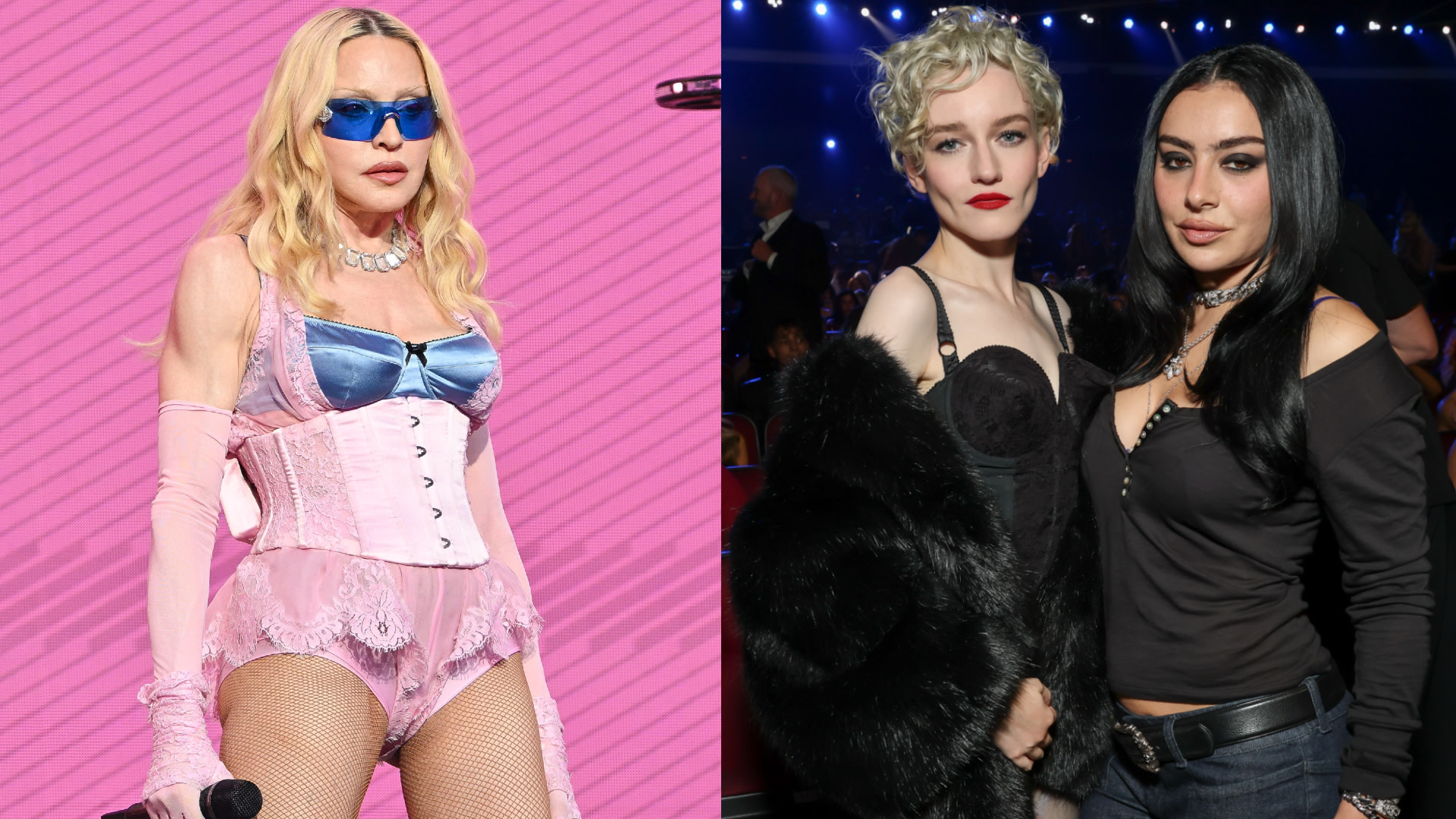 Madonna in a pink corset outfit with blue sunglasses; Julia Garner and Charli XCX in black attire at an event.