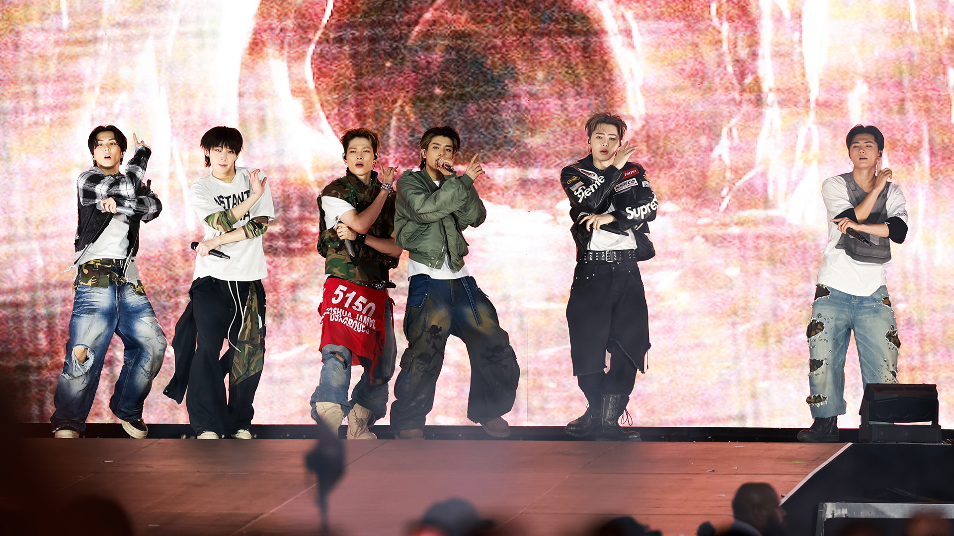 JUNGWON, SUNOO, NI-KI, JAKE, SUNGHOON and JAY of ENHYPEN perform onstage at Snapdragon Stadium on July 21, 2026 in San Diego, California. 