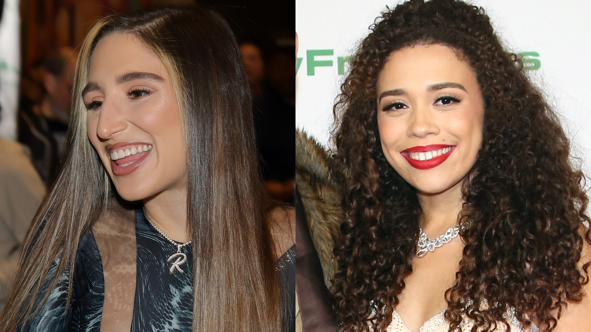 Two women smiling; Abella Danger, left, with straight hair and a necklace, and Willow Ryder, right, with curly hair and red lipstick.