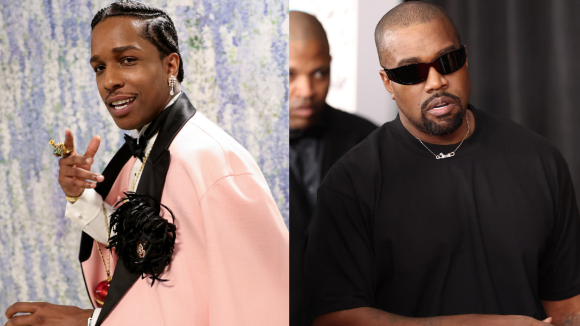 A$AP Rocky in a pink and black outfit on the left; Kanye West in a black shirt and sunglasses on the right.