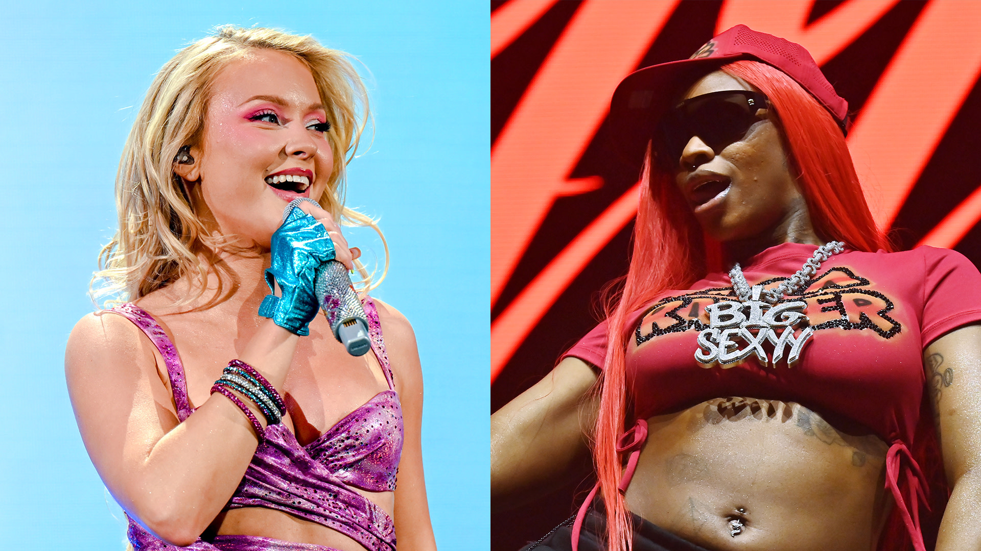Zara Larsson performing in a pink outfit with glittery makeup; Sexyy Red in a red top and hat on stage.