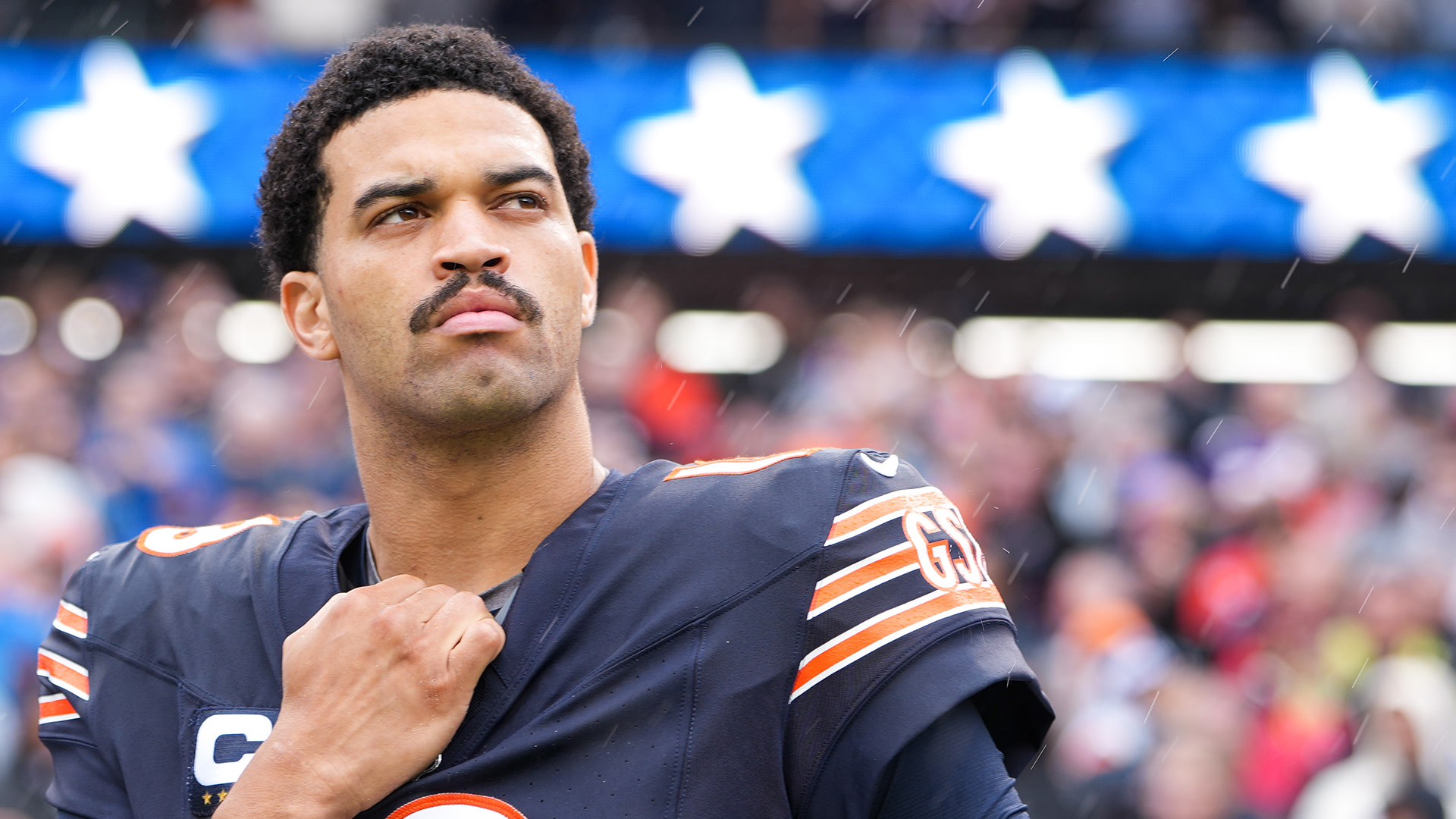 Caleb Williams #18 of the Chicago Bears stands on the sideline during the national anthem prior to the game against the Minnesota Vikings at Soldier Field on September 20, 2026 in Chicago, Illinois.