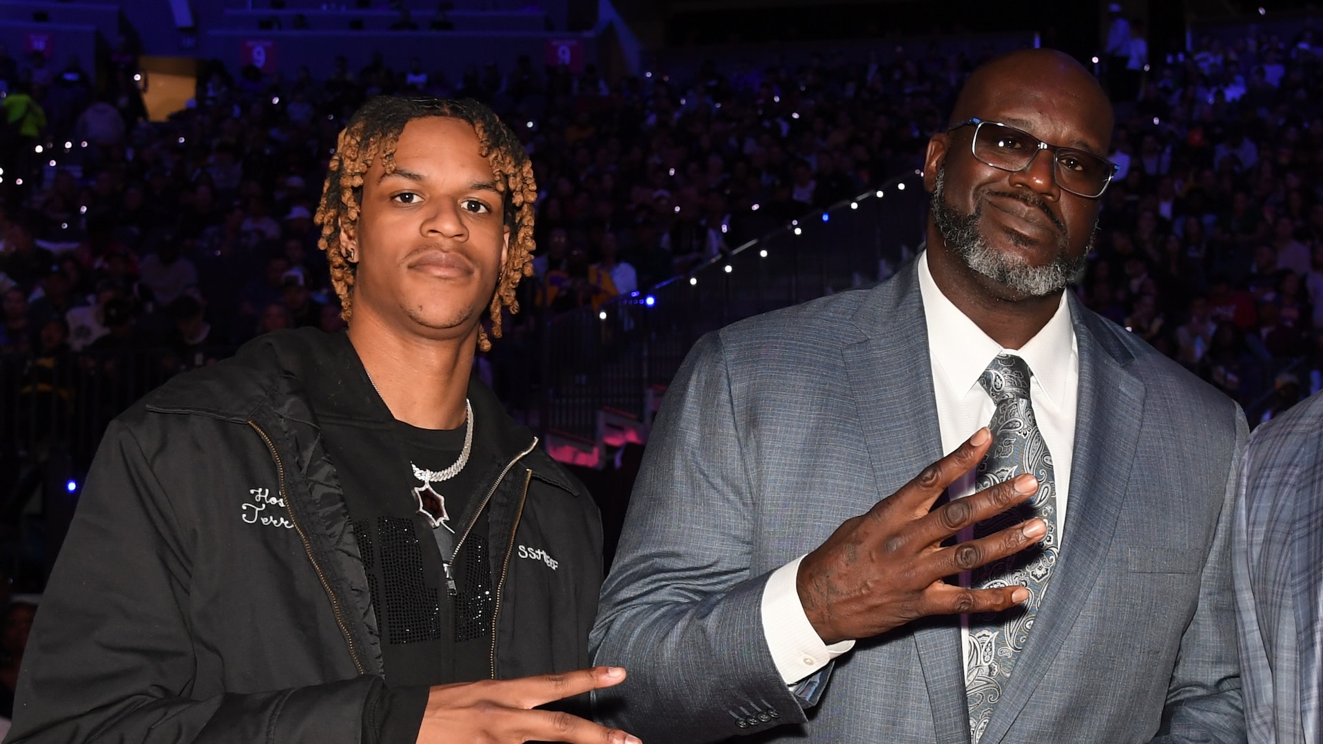 LAS VEGAS, NV - DECEMBER 7: Shareef O'Neal, Shaquille O'Neal and Robert Horry pose for a portrait during the semifinals of the In-Season Tournament on December 7, 2023 at T-Mobile Arena in Las Vegas, Nevada.