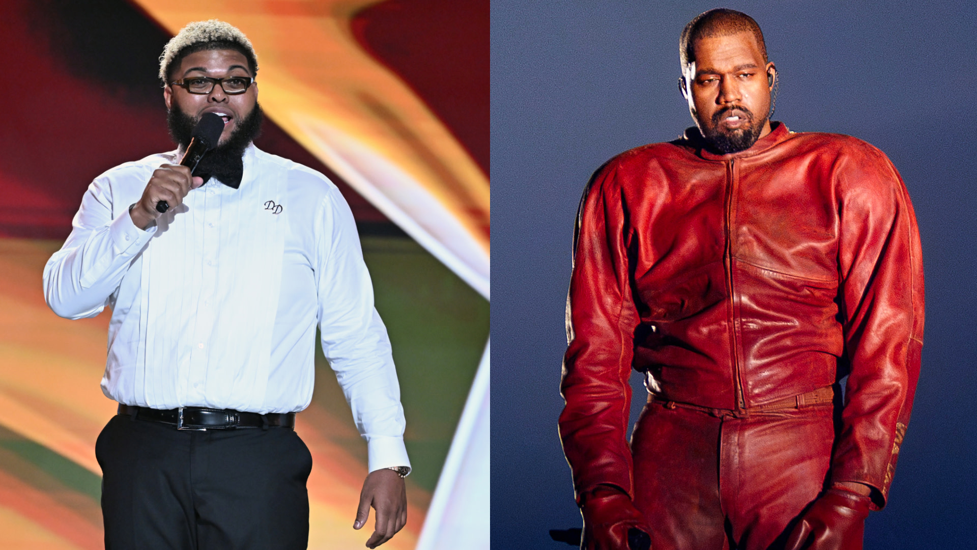 Druski in a white shirt and bow tie holds a microphone on the left. On the right, Ye in an oversized red leather outfit.
