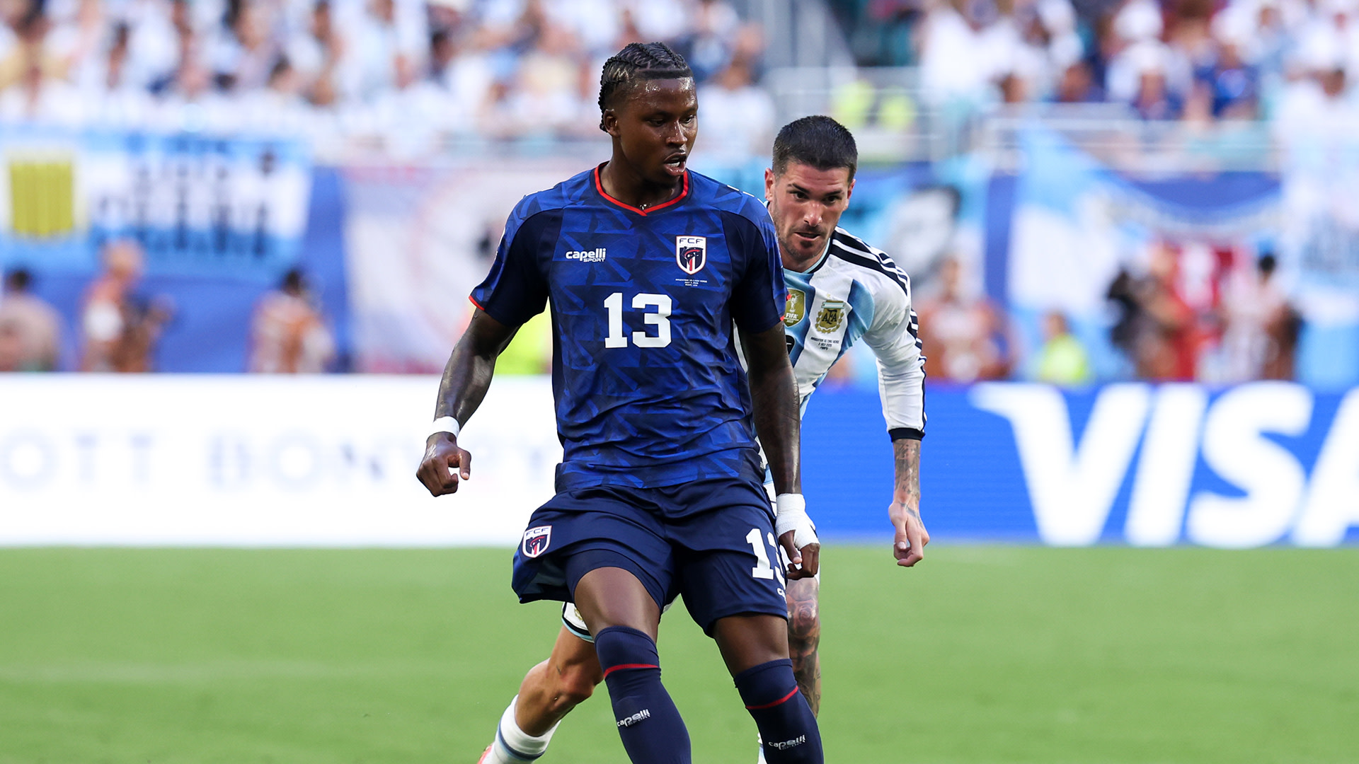 Sidny Lopes Cabral #13 of Cabo Verde pass the ball during the FIFA World Cup 2026 Round Of 32 match between Argentina and Cabo Verde at Miami Stadium on July 03, 2026 in Miami Gardens, Florida. 