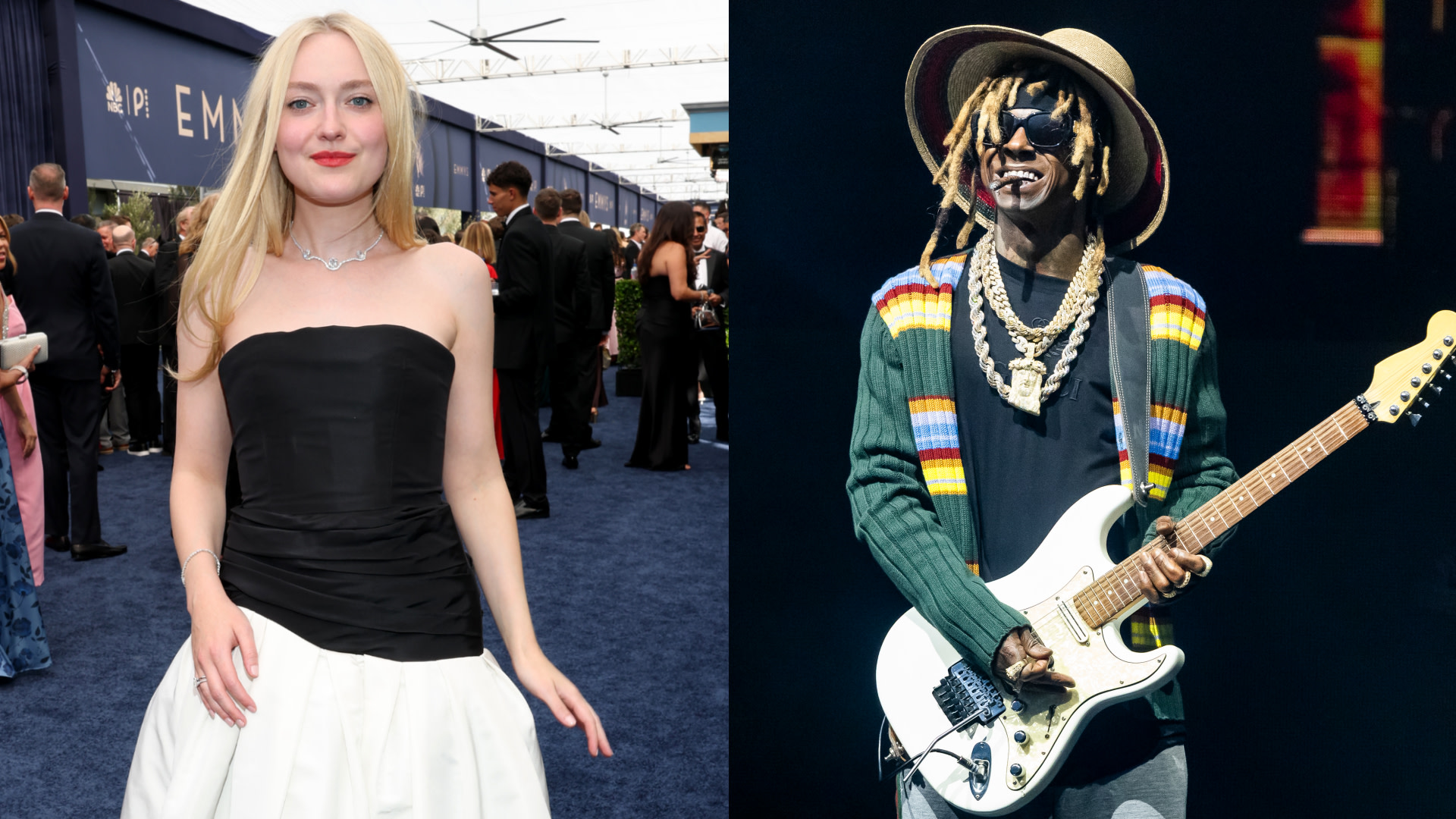 Two images side by side: Dakota Fanning in a black and white gown at an event, and Lil Wayne with dreadlocks playing a guitar on stage.