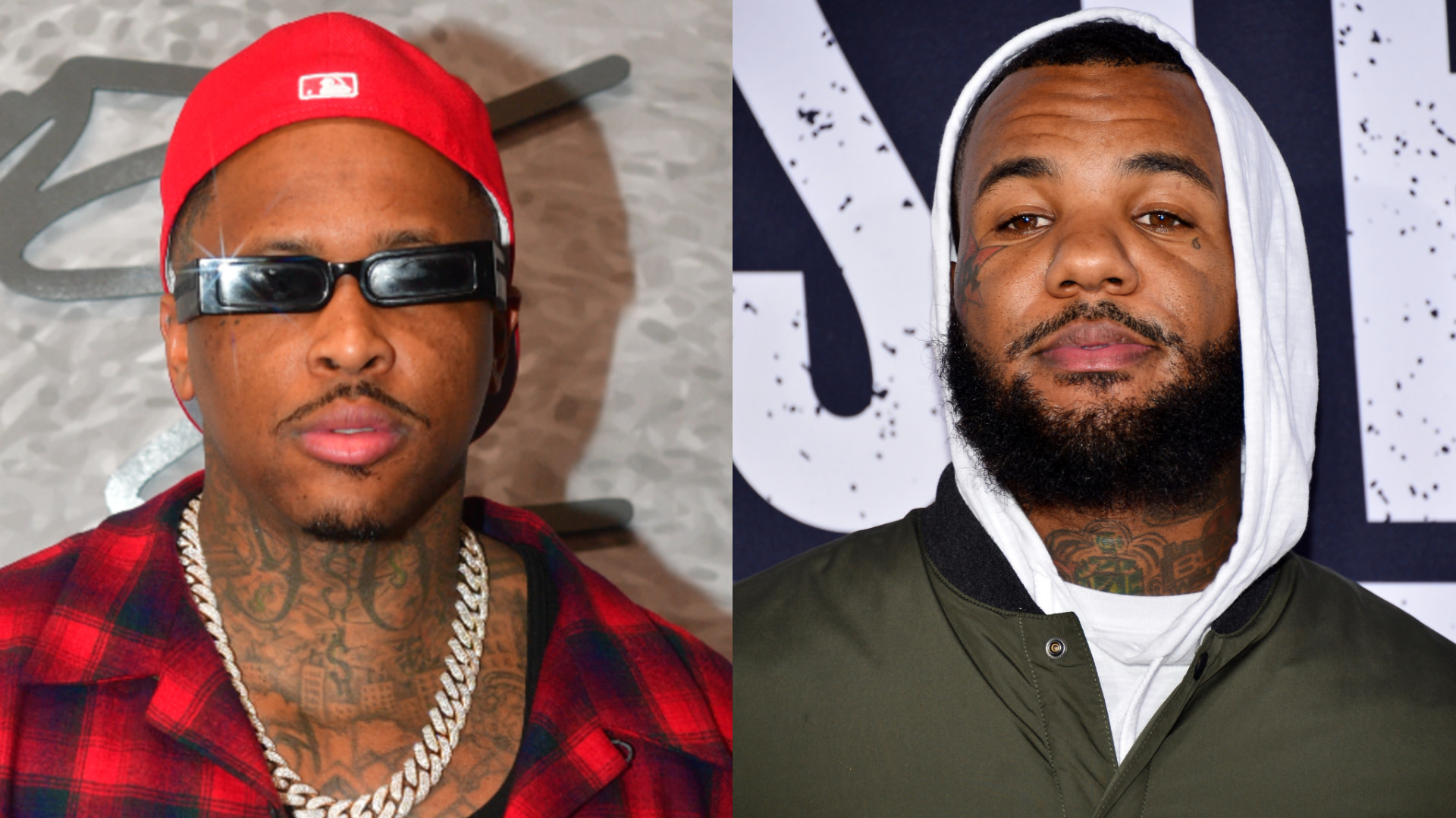 YG in a red cap and plaid shirt, wearing sunglasses and a chain. The Game in a hoodie and jacket, with a beard and tattoos.