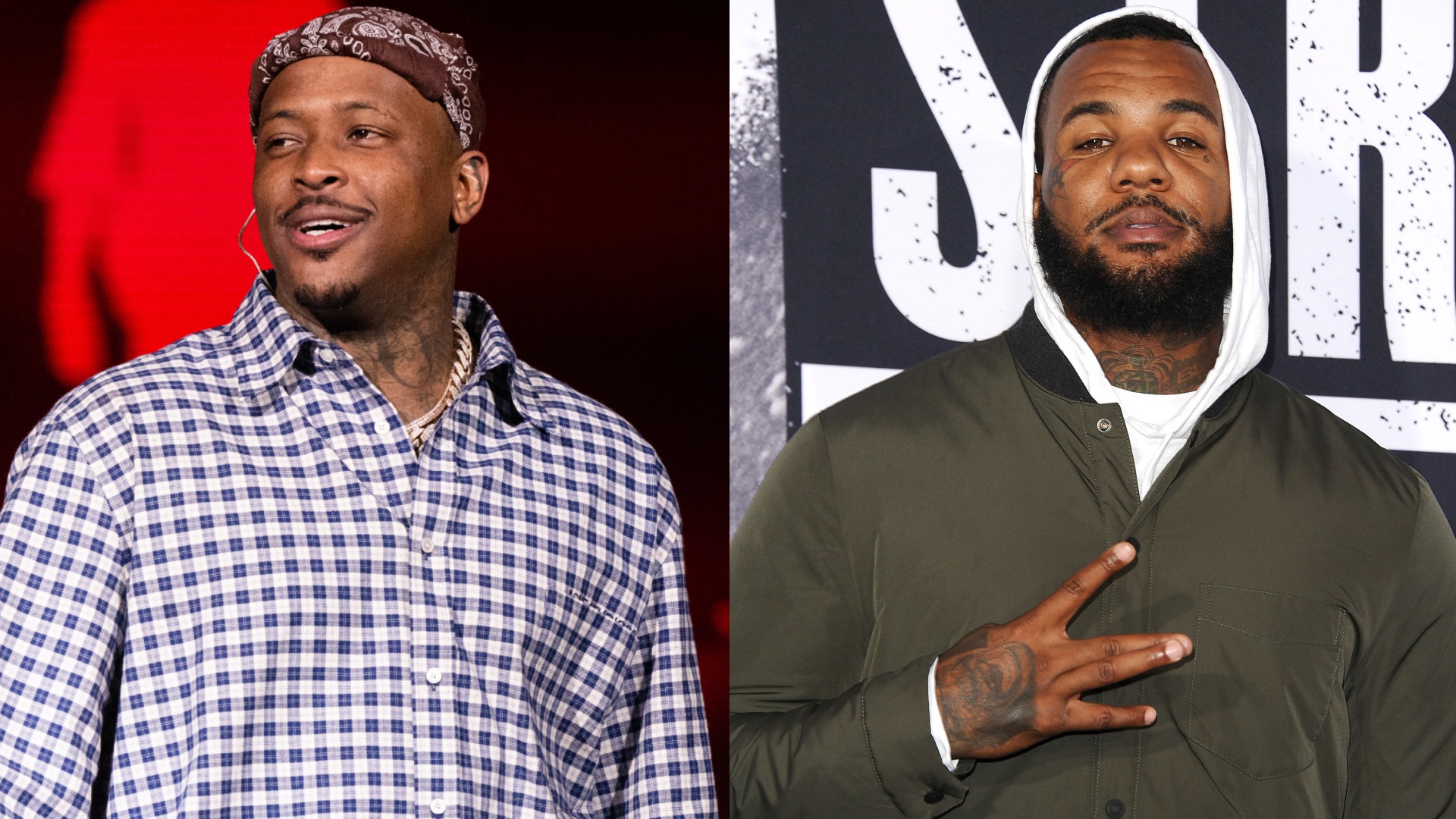 YG wearing a checkered shirt and bandana, and The Game in a hoodie making a peace sign.