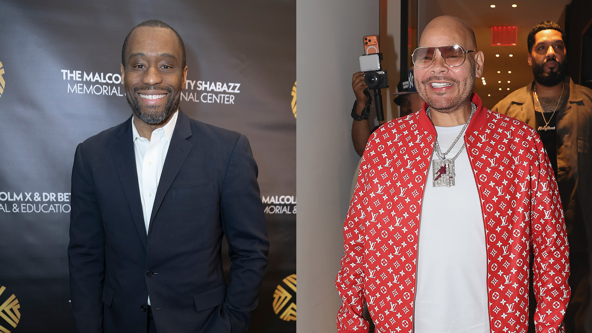 Two men are side by side; Marc Lamont Hill on the left is in a suit, and Fat Joe on the right wears a red patterned jacket and sunglasses.