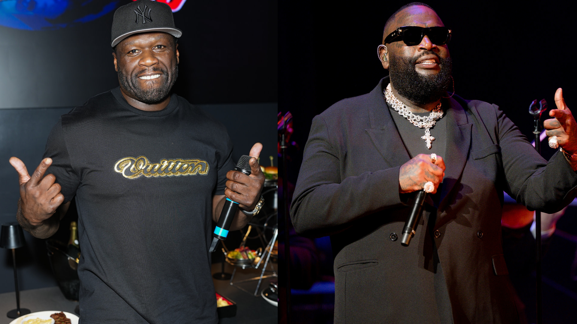 Two men pictured: 50 CEnt wearing a black cap and shirt, smiling; Rick Ross in a suit with sunglasses and jewelry, holding a microphone.