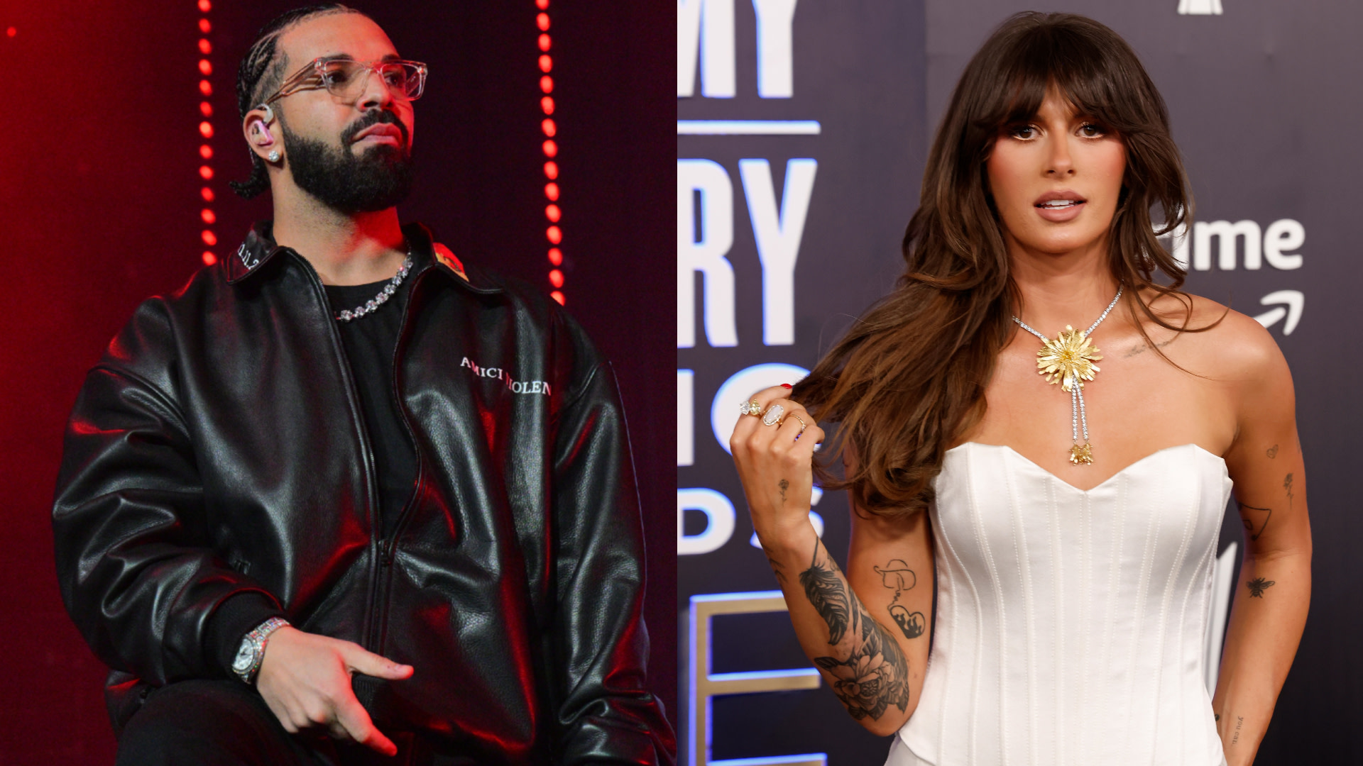 Drake in a black leather jacket on stage; Ella Langley in a white dress at an event.