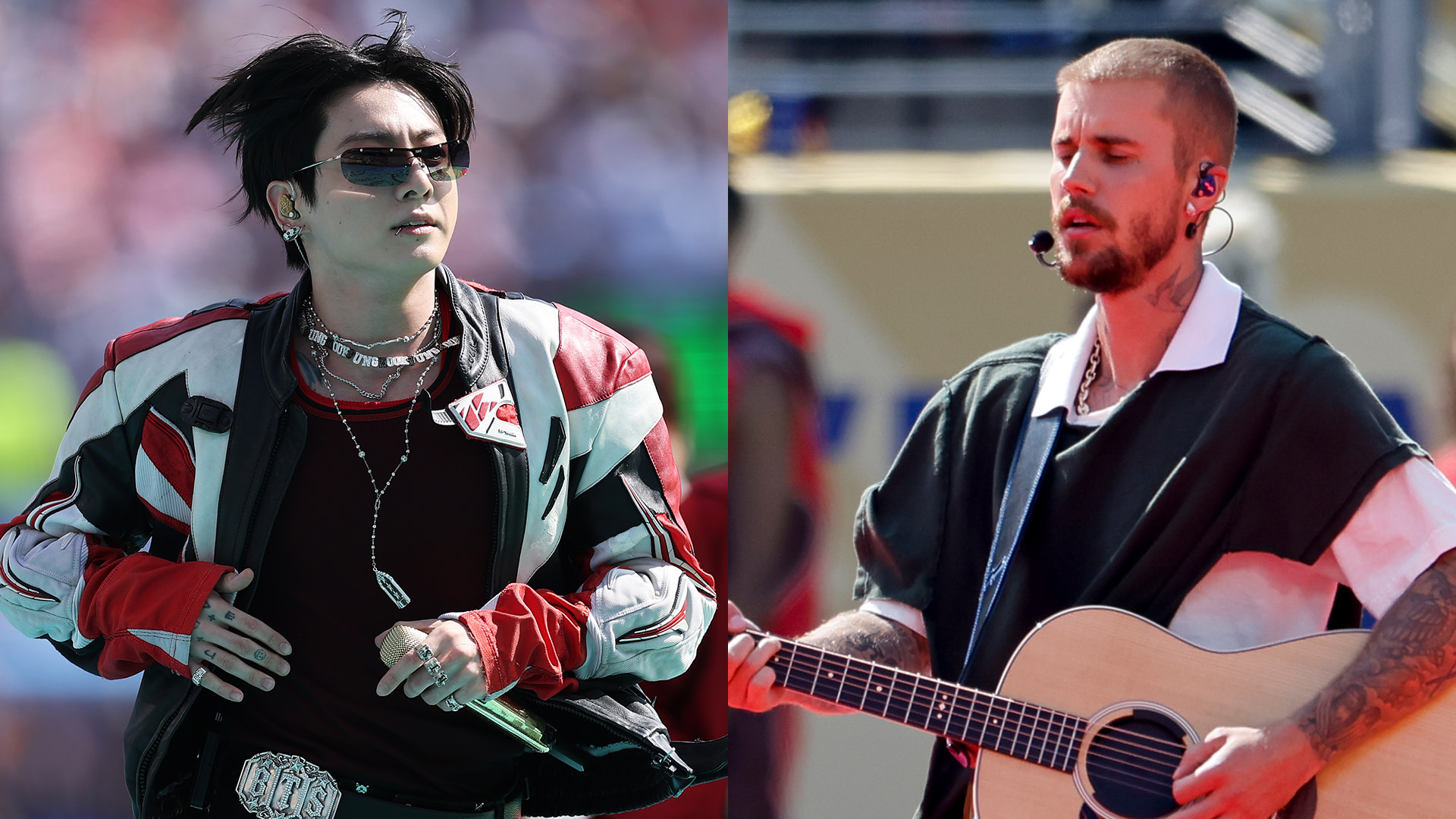 Two images: On the left, Jung Kook of BTS in a red and black jacket with sunglasses. On the right, Justin Bieber playing guitar in a dark shirt.