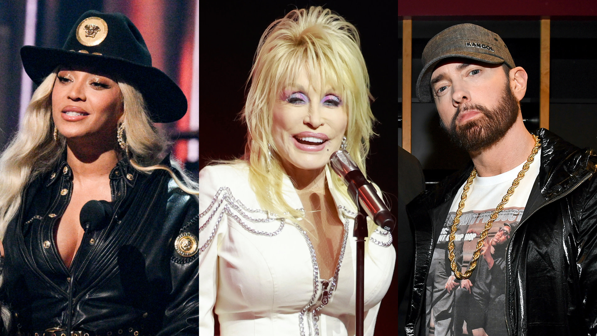 Split image. Left: Beyoncé in a black hat and jacket. Center: Dolly Parton in a white outfit. Right: Eminem in a black jacket and cap.