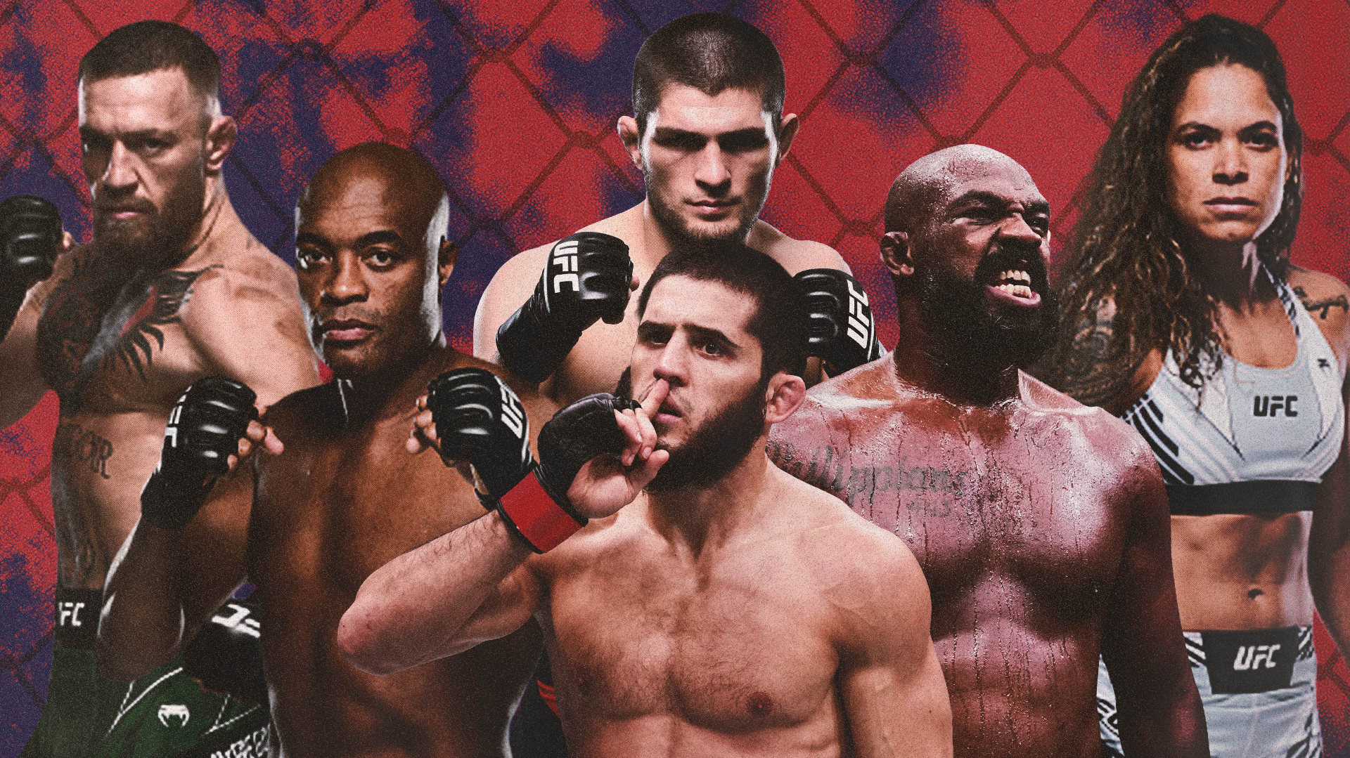 Islam Makhachev, Anderson Silva, Conor McGregor, Khabib Nurmagomedov, Amanda Nunes, and Jon Jones (Clockwise from bottom)