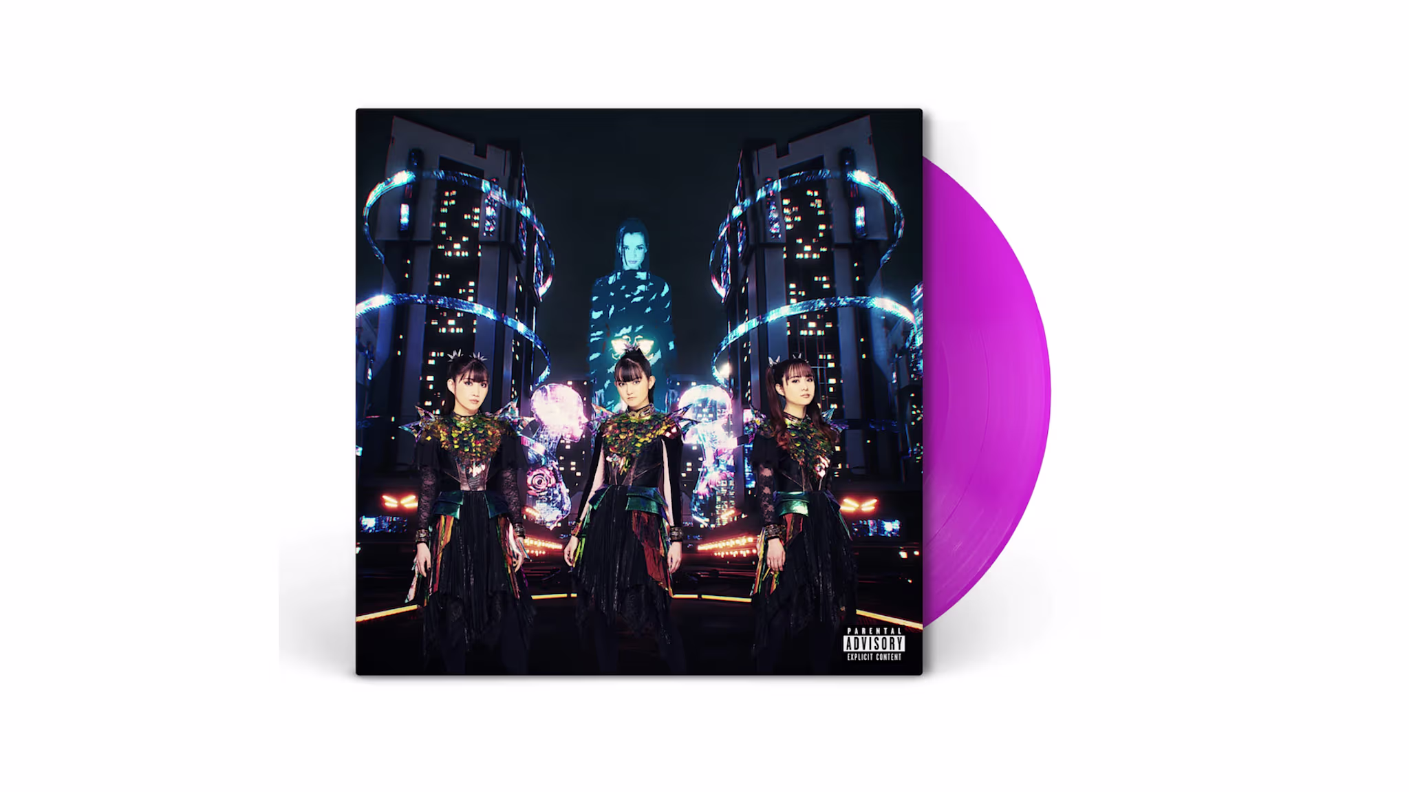The image shows an album cover featuring a futuristic cityscape with three women in elaborate outfits, and a purple vinyl record.