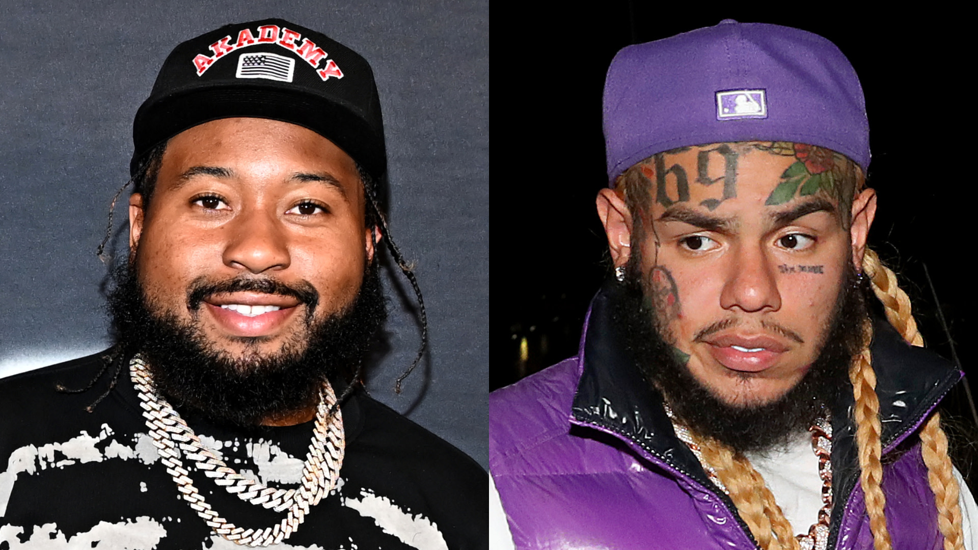 Left: DJ Akademiks wearing a cap and chain, smiling. Right: 6ix9ine with face tattoos and braids, wearing a purple cap and jacket.