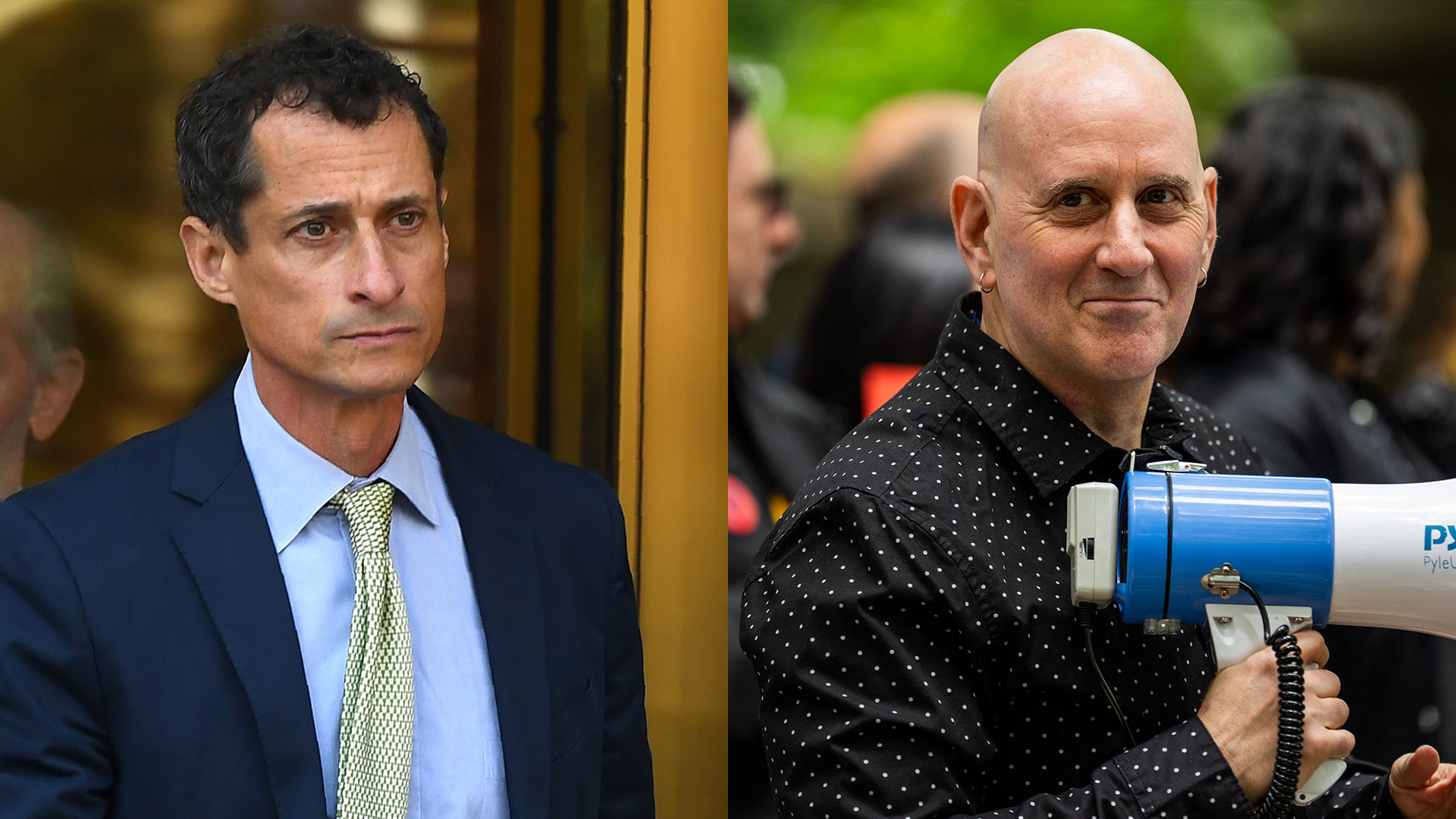 Anthony Weiner, a former Democratic congressman leaves Federal Court in New York September 25, 2017 after being sentenced for 21-months for sexting with a 15-year-old girl. Harvey Epstein holds a megaphone during the New York Working Families Party rally.