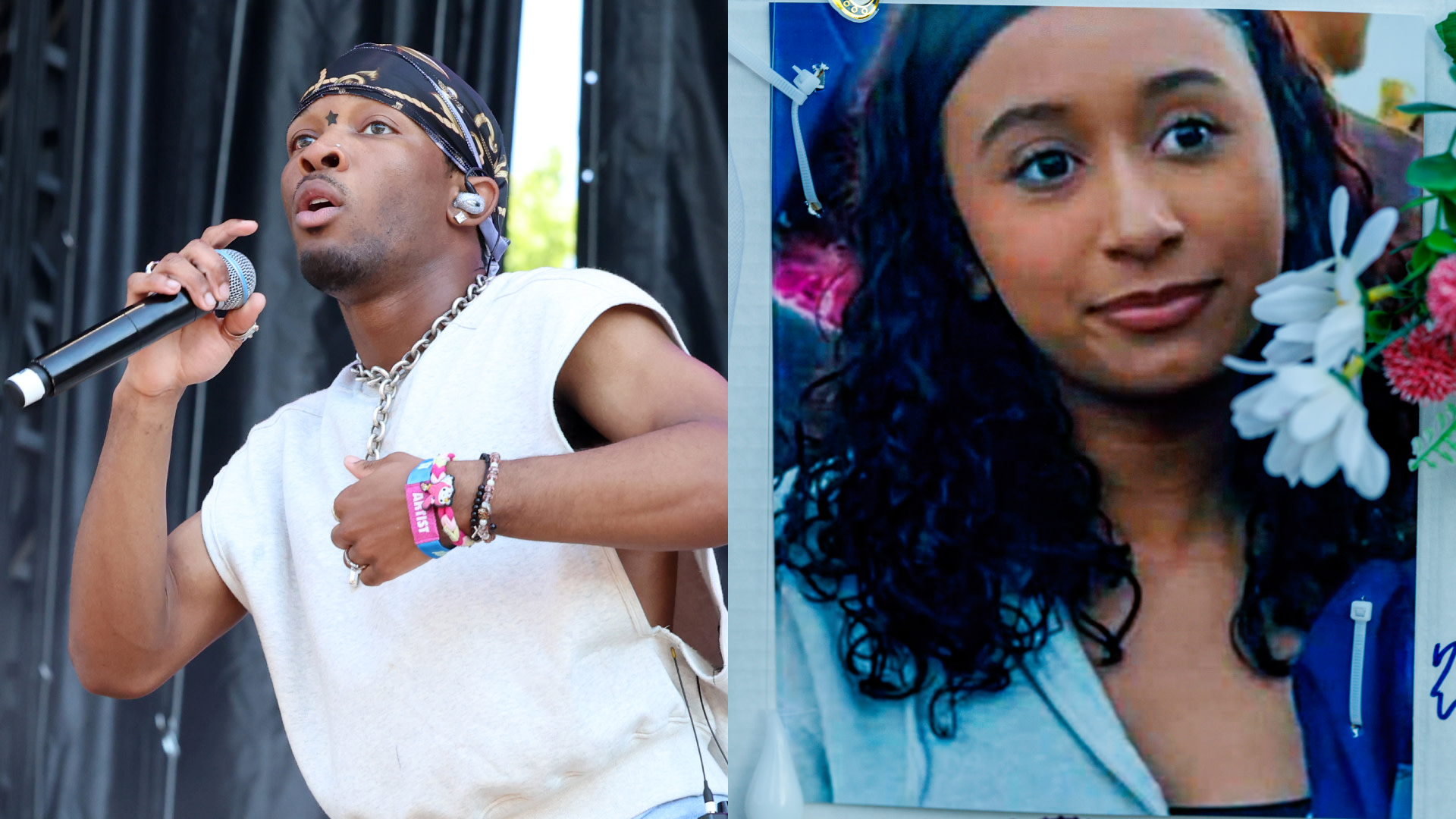 Singer D4vd performing on stage with a microphone, wearing a bandana and sleeveless shirt. A photo of Celeste Rivas with curly hair, smiling near flowers.