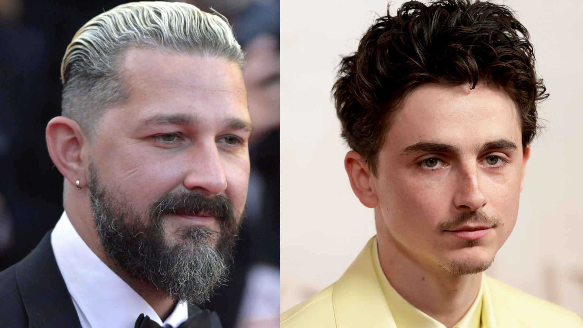 Shia LaBeouf with slicked-back hair and beard, wearing a suit; Timothée Chalamet with tousled hair, in a light-colored suit.
