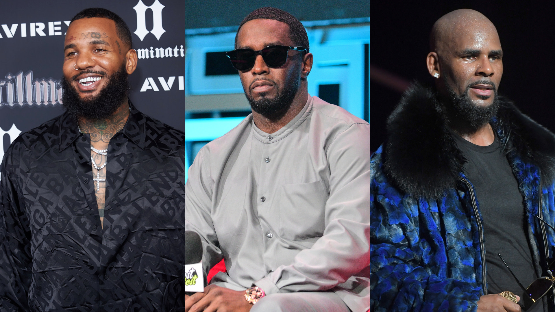 Three men are pictured: The Game smiling in a black shirt, Sean "Diddy" Combs wearing sunglasses and a grey outfit, and R. Kelly in a blue fur-trimmed coat.