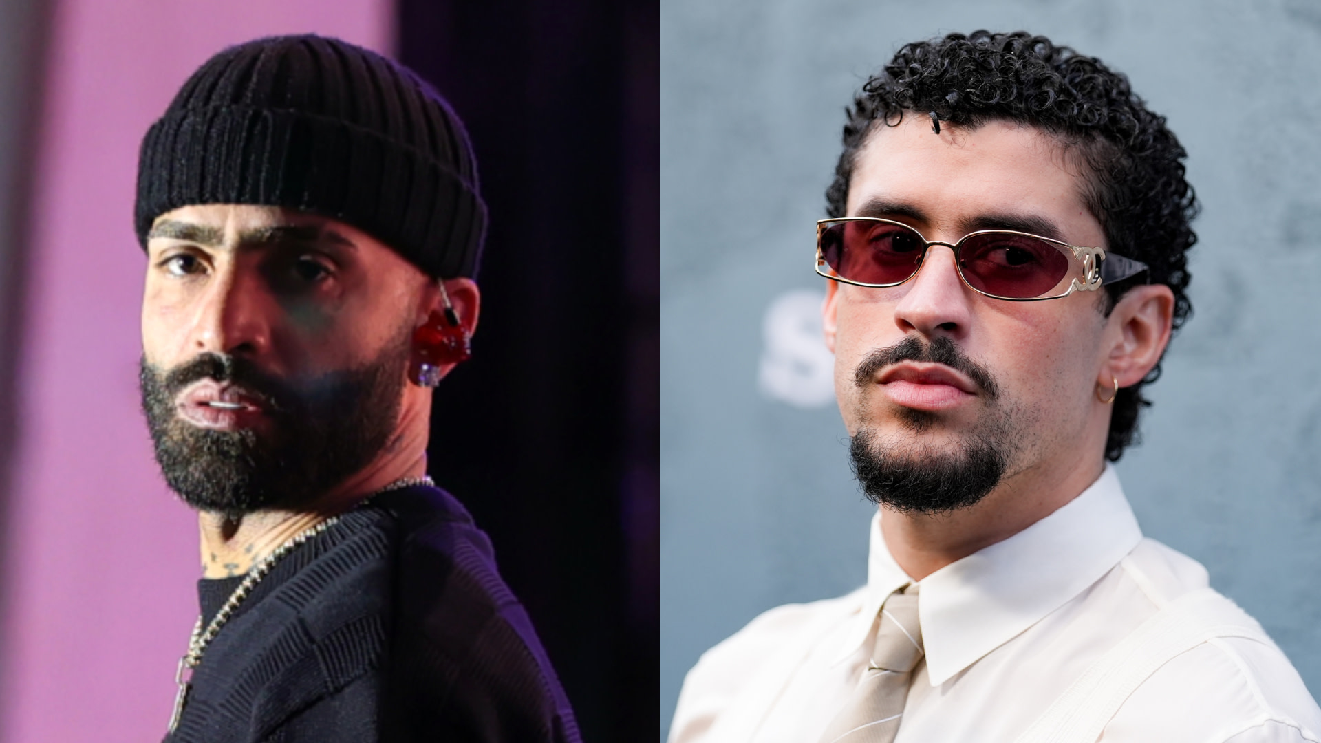 (L) Adin Ross attends day two of Wireless Festival 2025 at Finsbury Park on July 12, 2025 in London, England. (R) Bad Bunny at the Columbia Pictures "Caught Stealing" New York Premiere held at Regal Union Square on August 26, 2025 in New York, New York. 