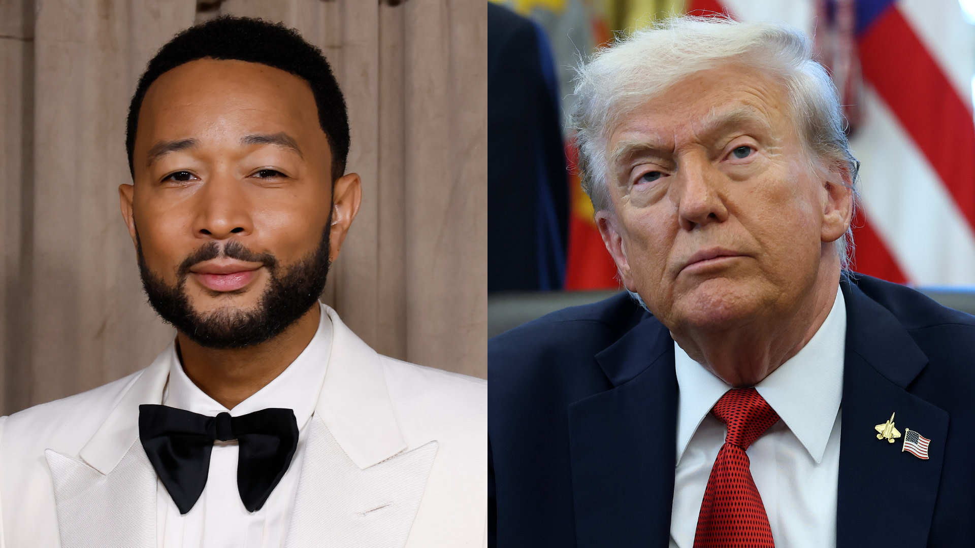 John Legend in a white tuxedo and bow tie, and Donald Trump in a dark suit with a red tie, appear in a split image.