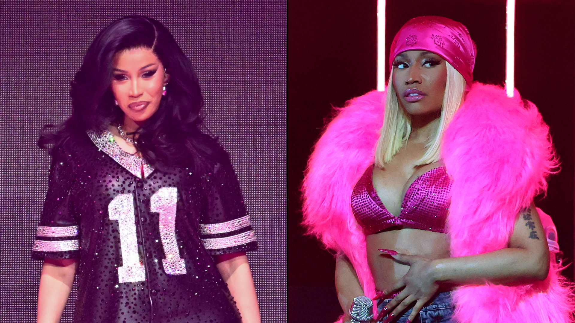 Cardi B in a sparkly jersey and Nicki Minaj in a pink outfit, both performing on stage.