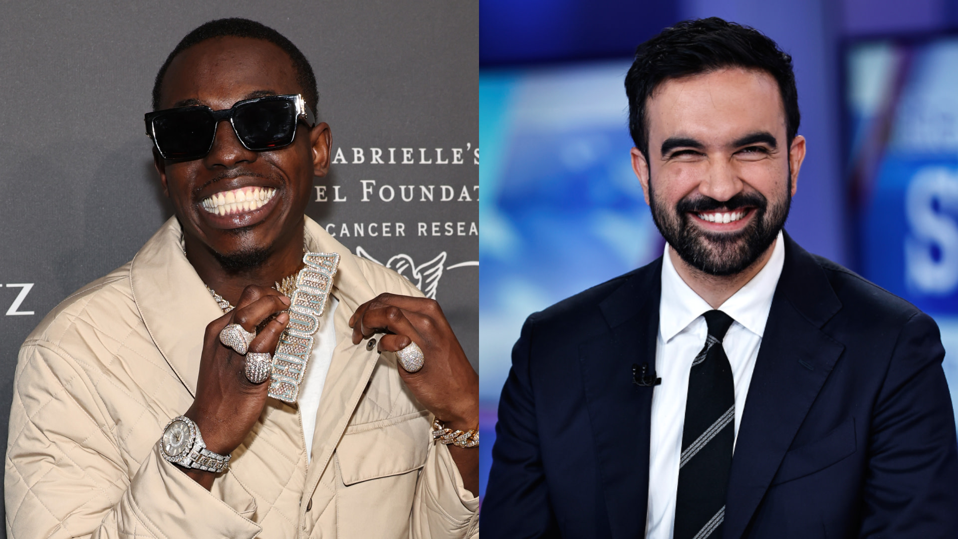 Left: Bobby Shmurda on the left wears sunglasses and jewelry. Right: Zohran Mamdani wears a suit and tie.