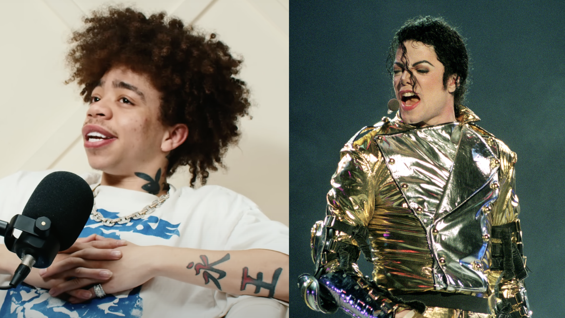 (L) King Harris speaking into a microphone. (R) Michael Jackson performs on stage during is "HIStory" world tour concert at Ericsson Stadium November 10, 1996 in Auckland, New Zealand.