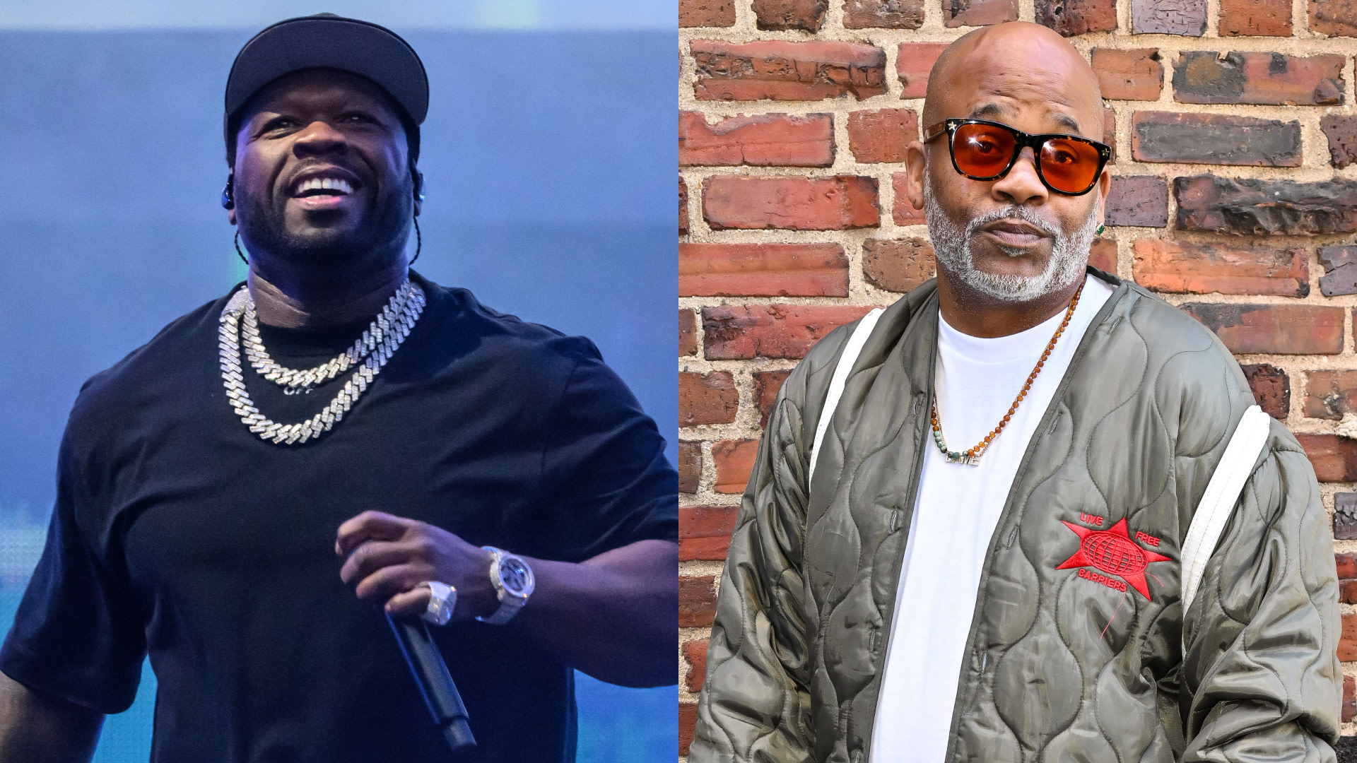 50 Cent performing in a black shirt and cap, wearing silver chains; Dame Dash in a quilted jacket and sunglasses against a brick wall.