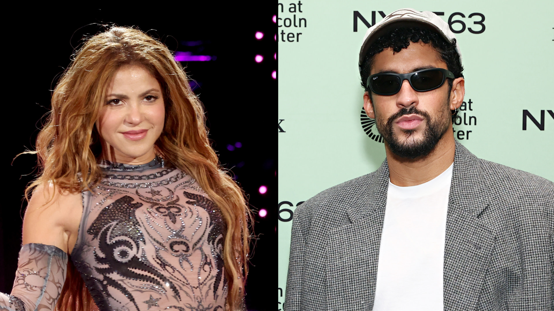 Shakira in a patterned dress and Bad Bunny in sunglasses and a checked blazer, side by side.