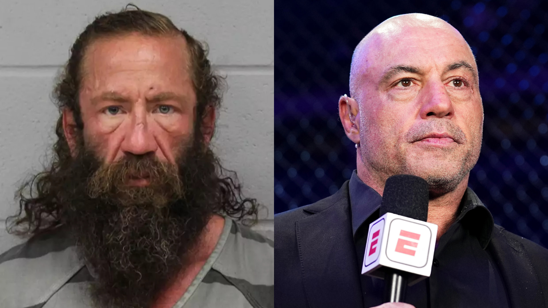 Split image: Left shows Brian Johnson, known online as "Liver King," with a long beard and disheveled hair. Right features Joe Rogan holding a microphone, wearing a suit.