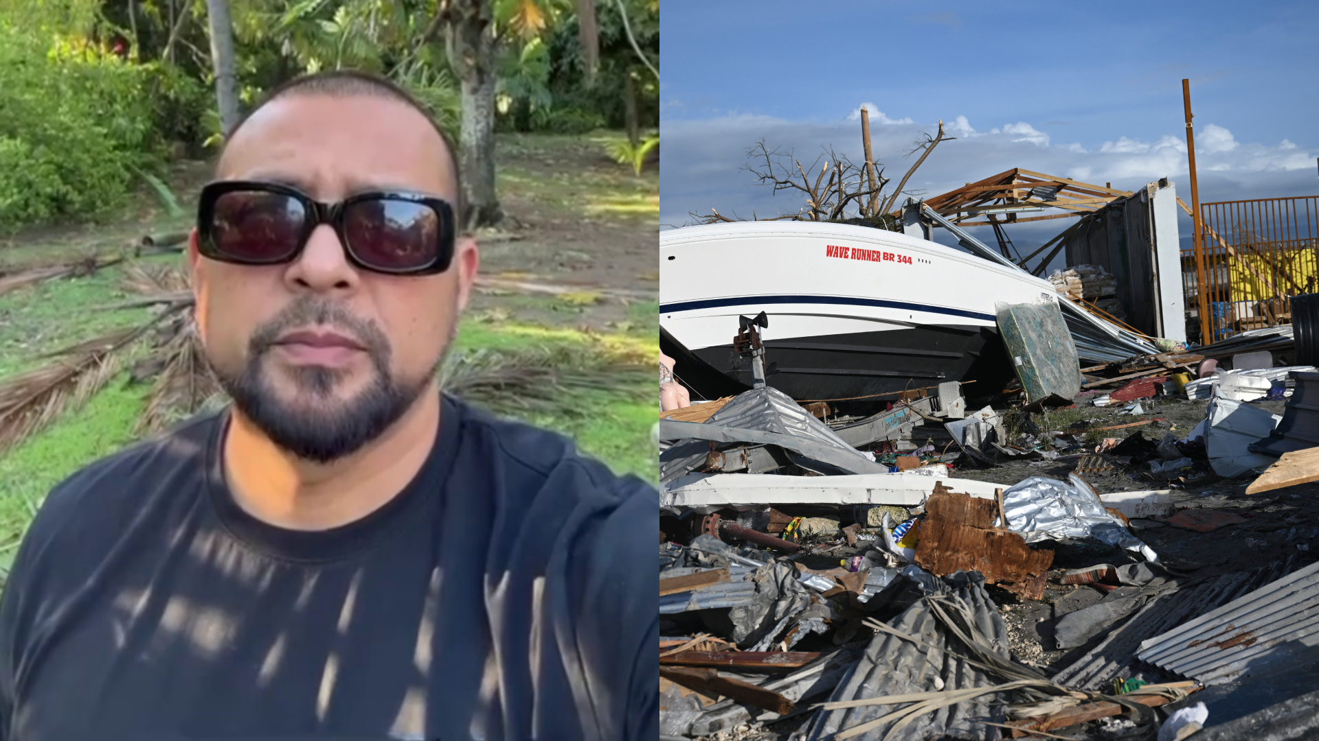 Sean Paul wearing sunglasses outdoors on the left; a boat amid storm debris on the right.