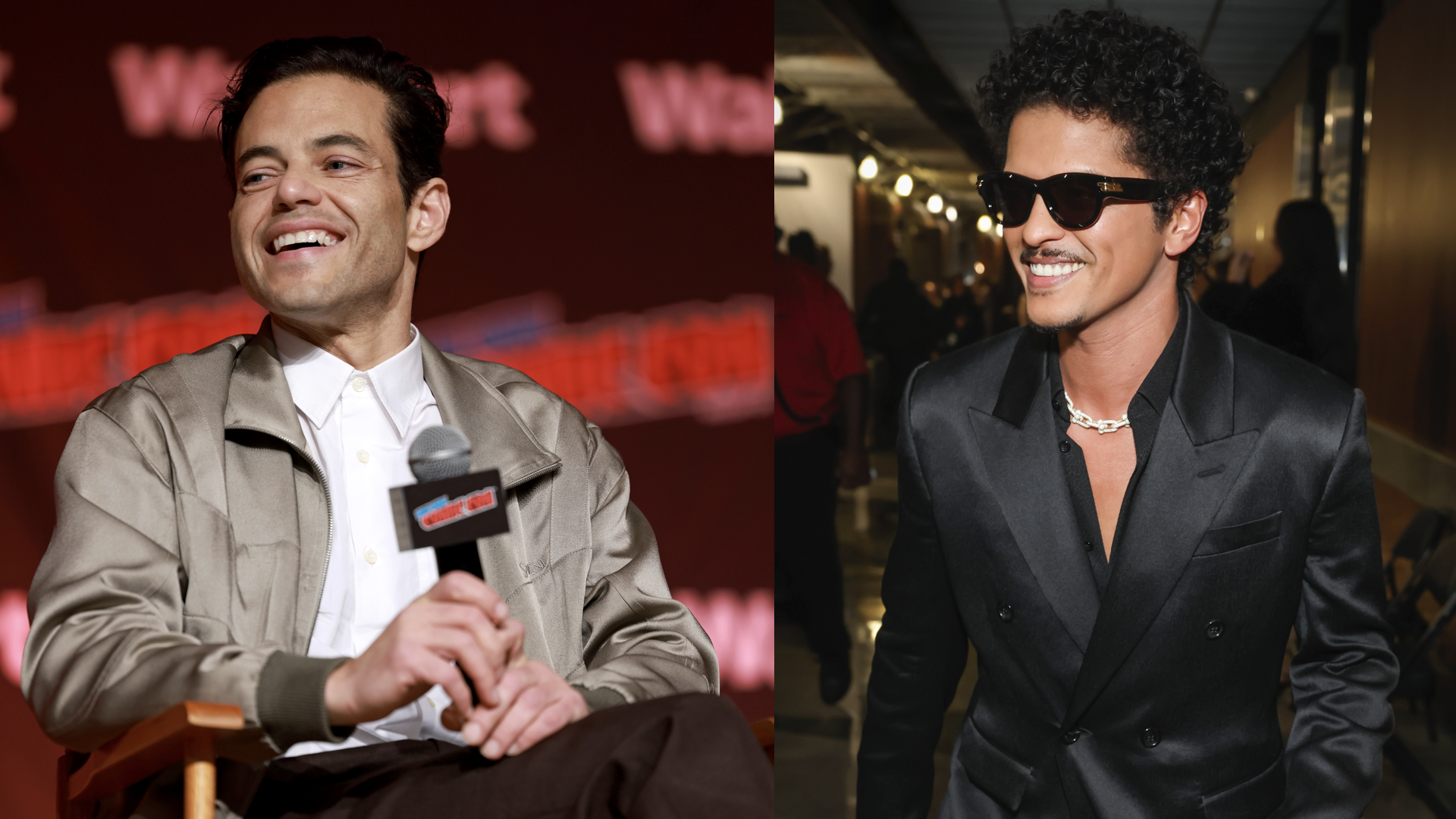 (L-R) Rami Malek and Bruno Mars.