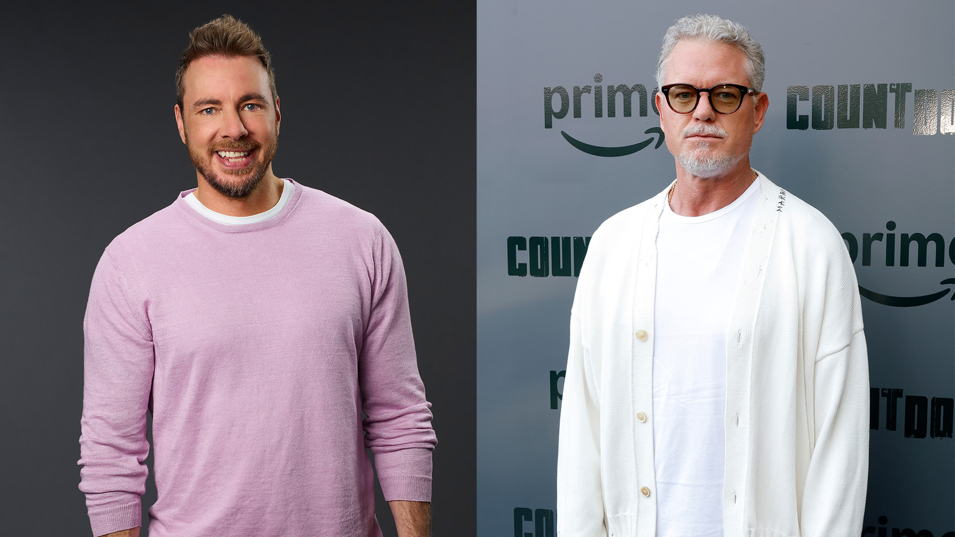 Dax Shepard in a pink sweater and Eric Dane in a white cardigan, both smiling at separate events.