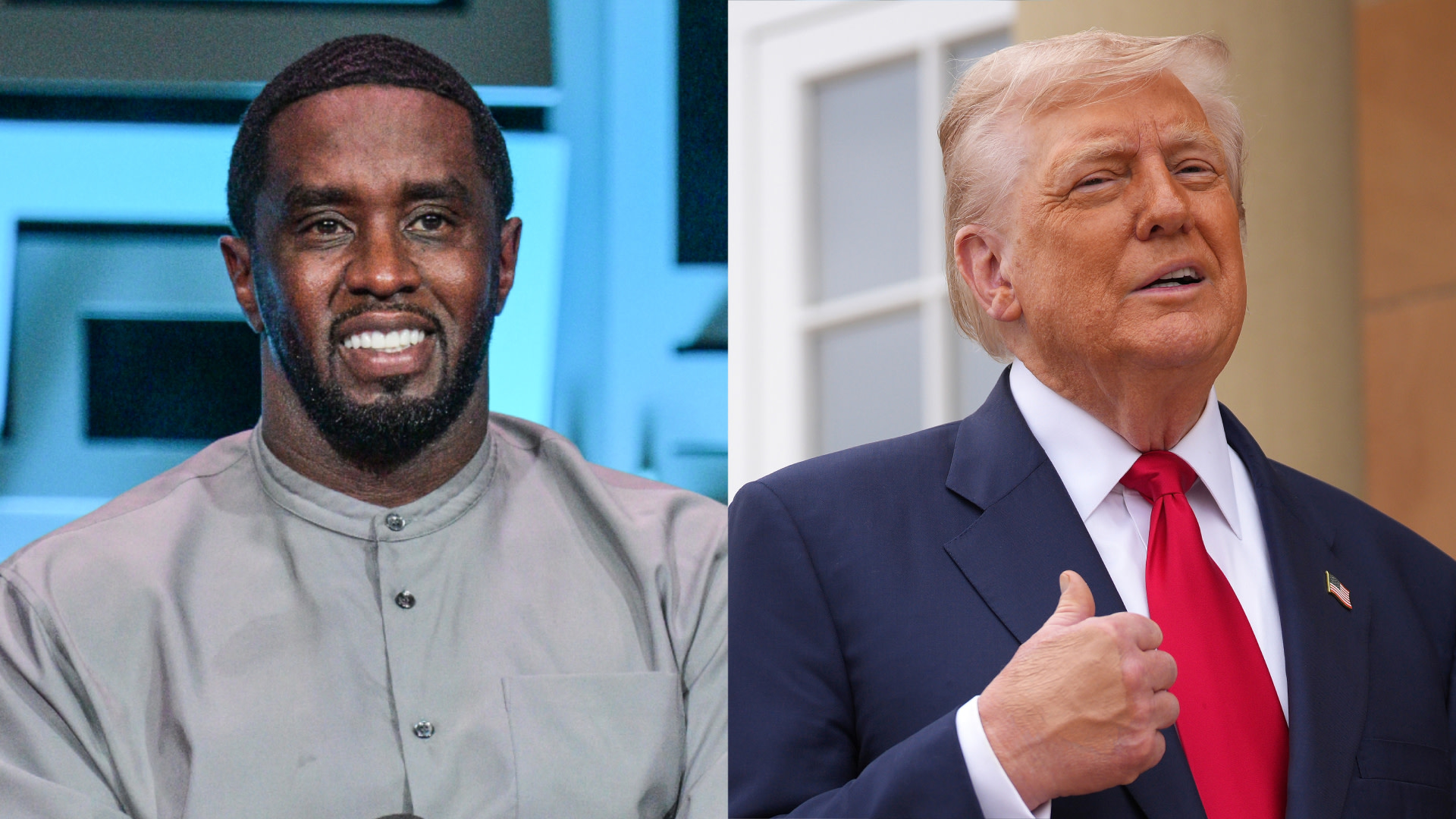 Left: Diddy, in a grey shirt, smiles. Right: Donald Trump in a suit with a red tie gestures.
