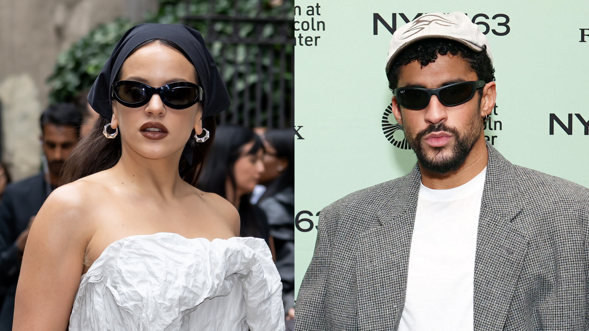 Rosalía and Bad Bunny wearing sunglasses, posing separately. Rosalía in a white outfit, Bad Bunny in a gray blazer and cap.