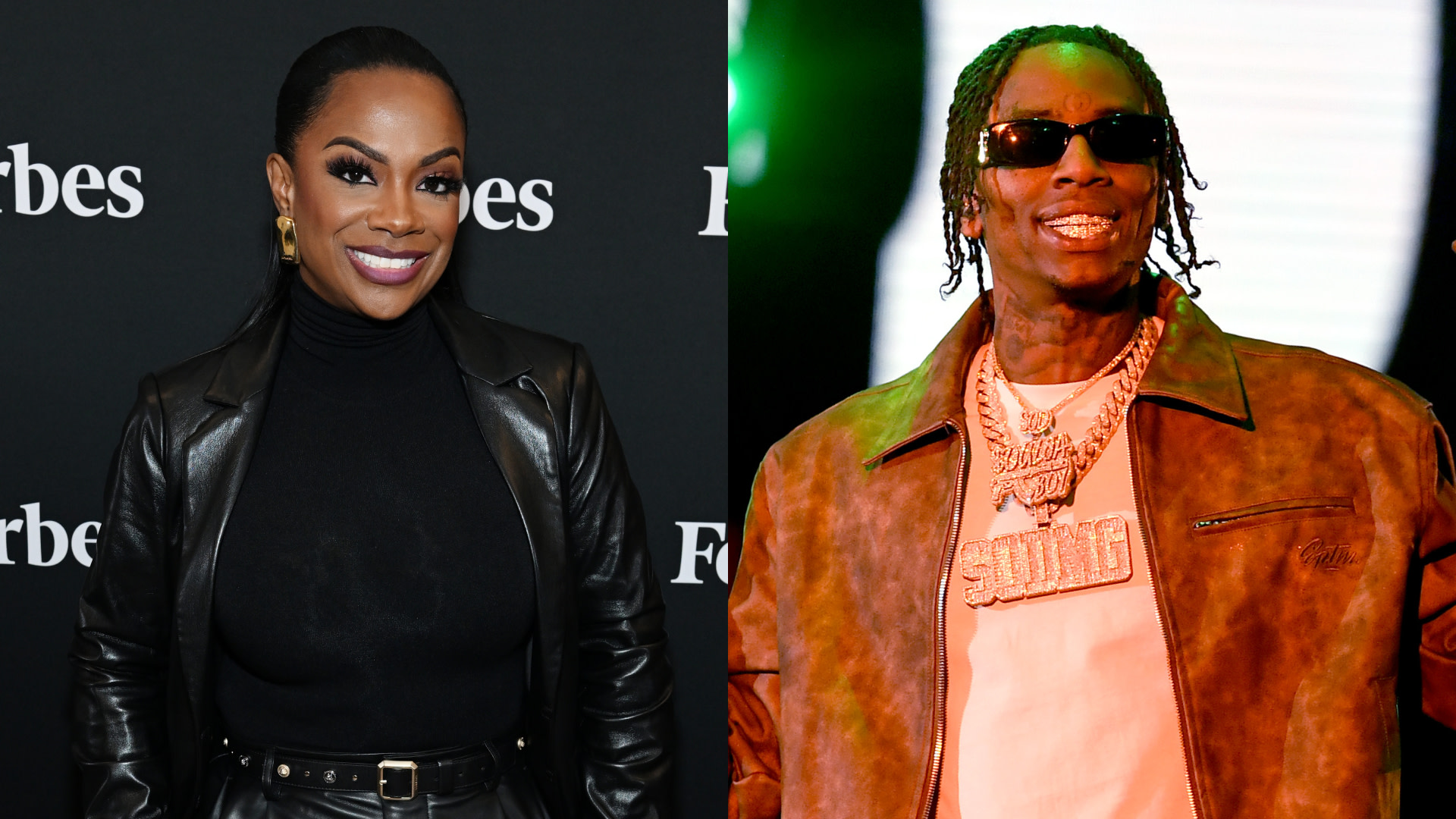 Left: Kandi Burruss in a black leather outfit at an event. Right: Soulja Boy performing in a brown jacket and sunglasses, wearing chains.