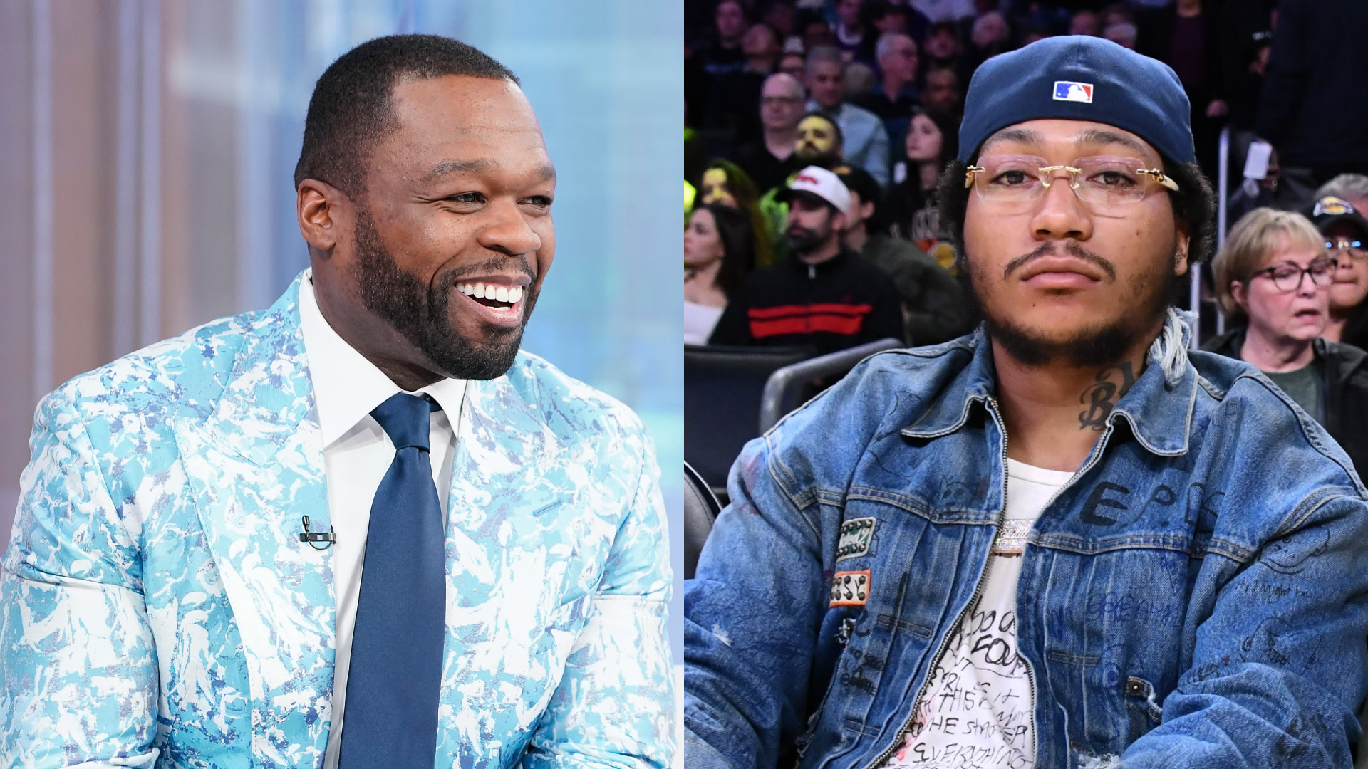 (L) Curtis "50 Cent" Jackson visits "Fox & Friends" to discuss his new Fox Nation show "50 Ways to Catch a Killer" at Fox News Channel Studios on September 30, 2025 in New York City. (R) Lil Meech attends a basketball game between the Los Angeles Lakers and the New York Knicks at Crypto.com Arena on March 06, 2025 in Los Angeles, California. 