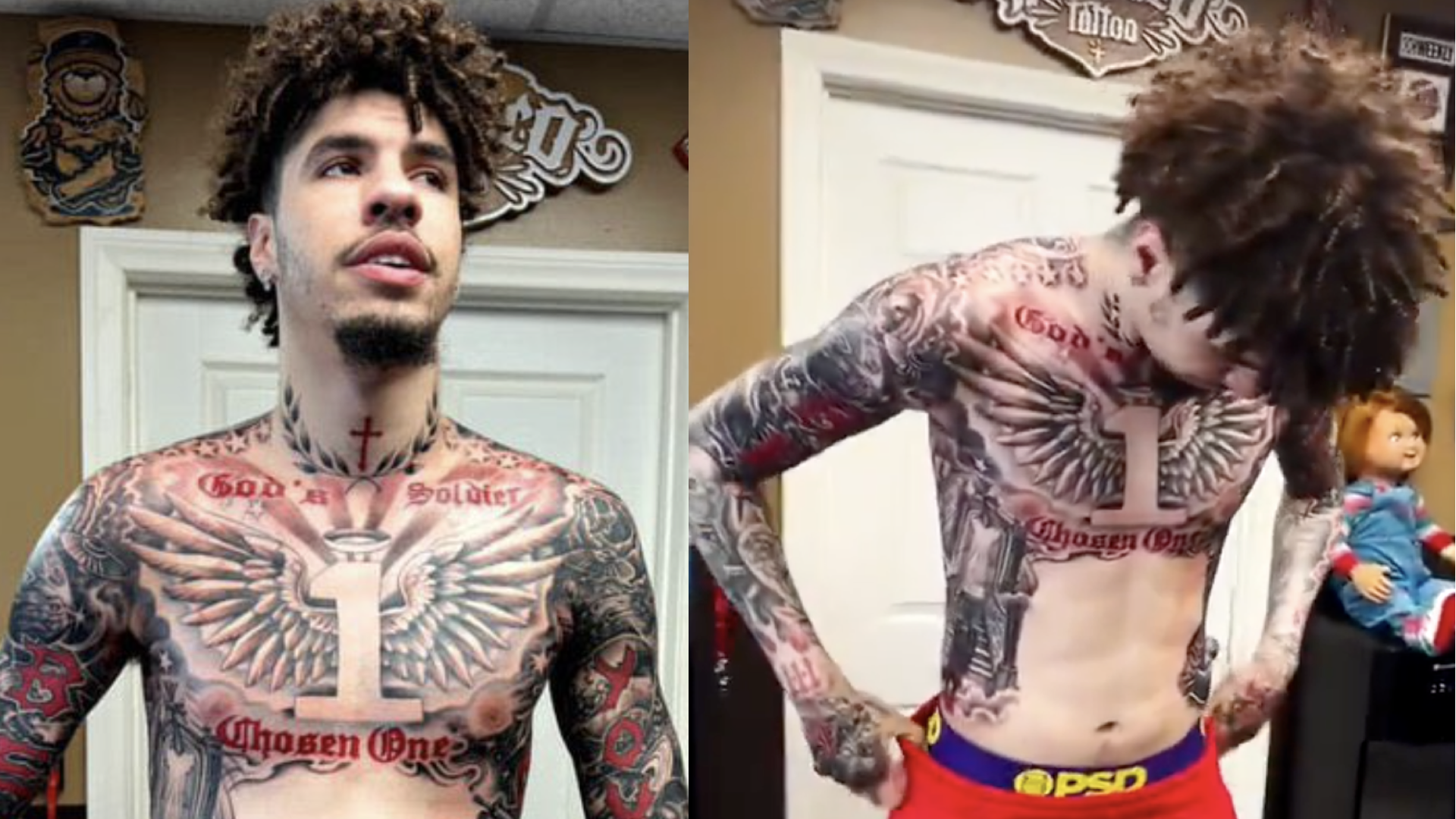 LaMelo Ball stands in a room with tattoo-themed decor.