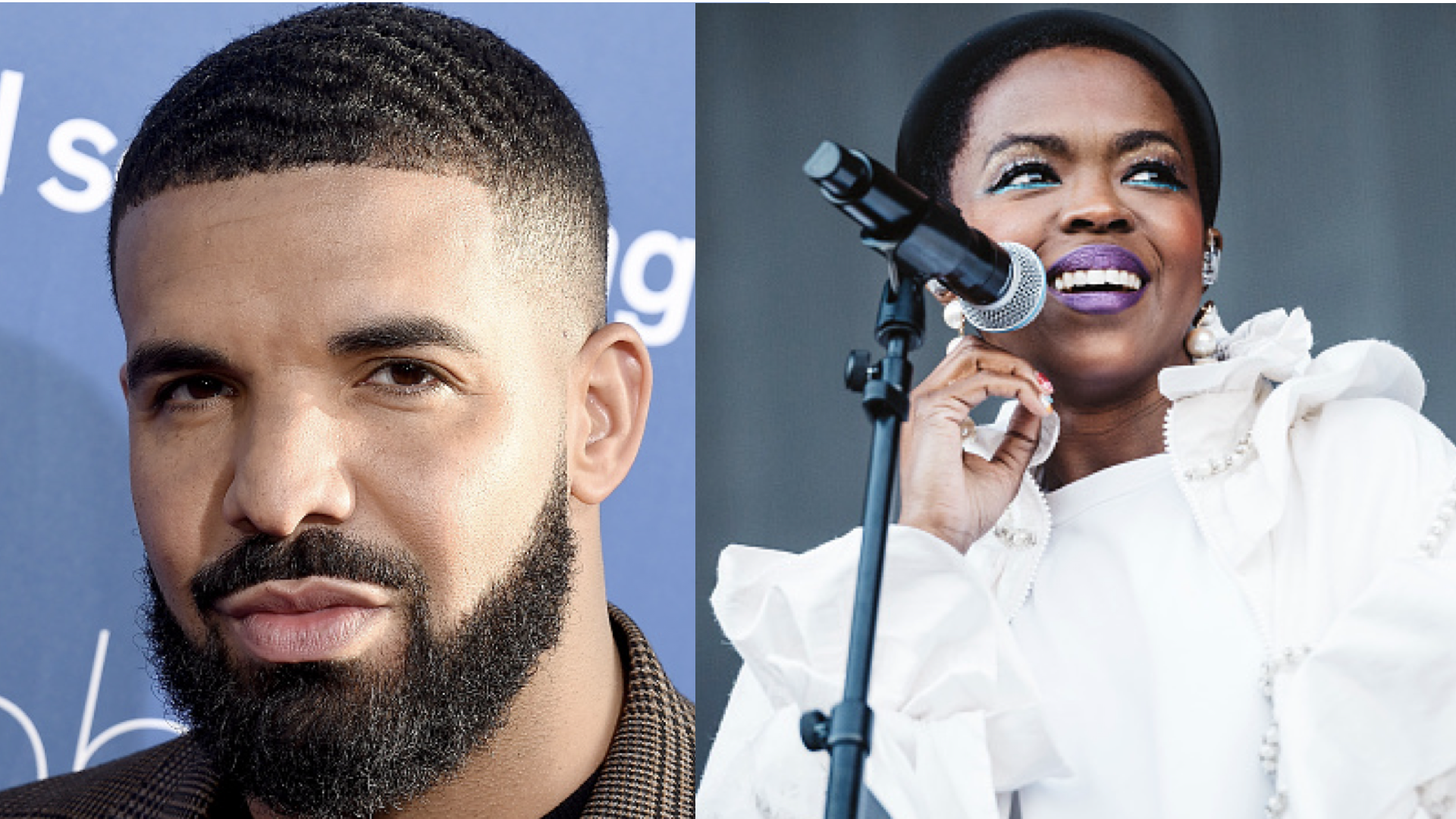 Drake with a beard, wearing a suit, and Lauryn Hill singing into a microphone, dressed in a white outfit.