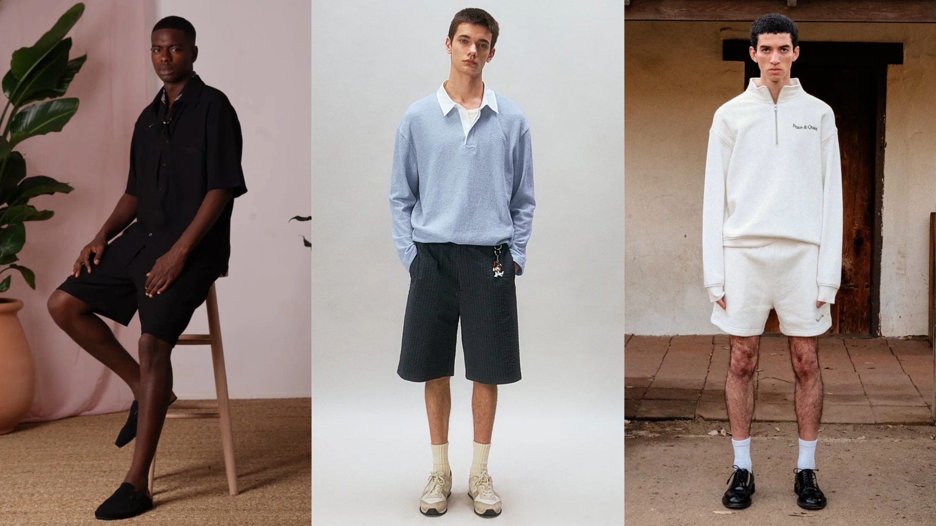 Three men modeling different outfits: one in a black shirt and shorts, another in a blue shirt and dark shorts, and the third in a white sweatshirt and shorts.