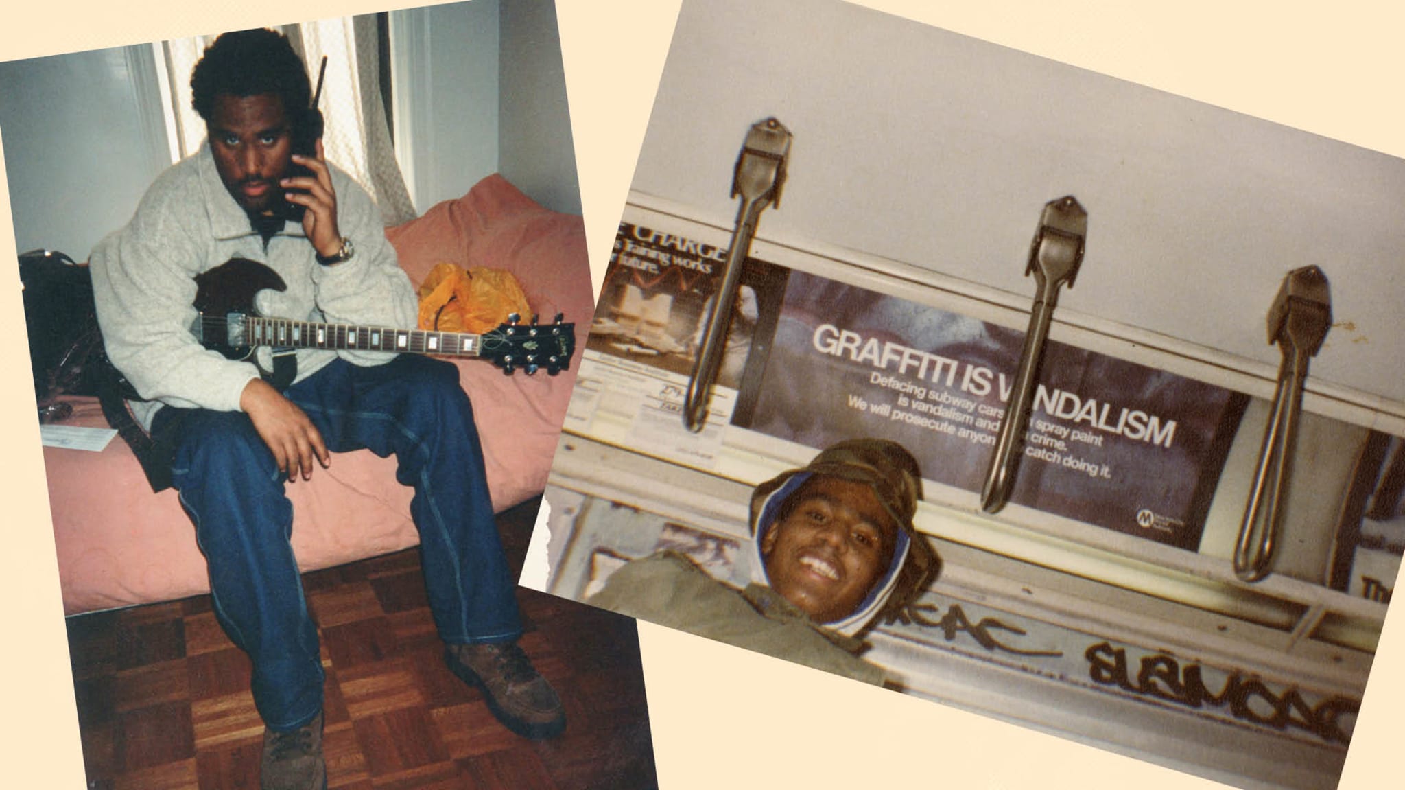 A person sits with a guitar, talking on the phone. Another person smiles beneath a "Graffiti is Vandalism" sign in a subway.