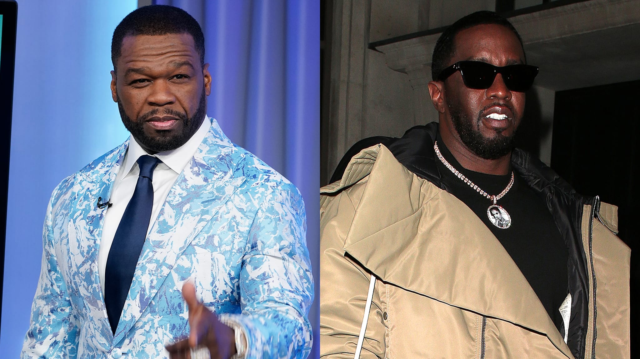 50 Cent in a blue patterned suit and tie, and Diddy wearing sunglasses and a beige coat, both looking stylish.