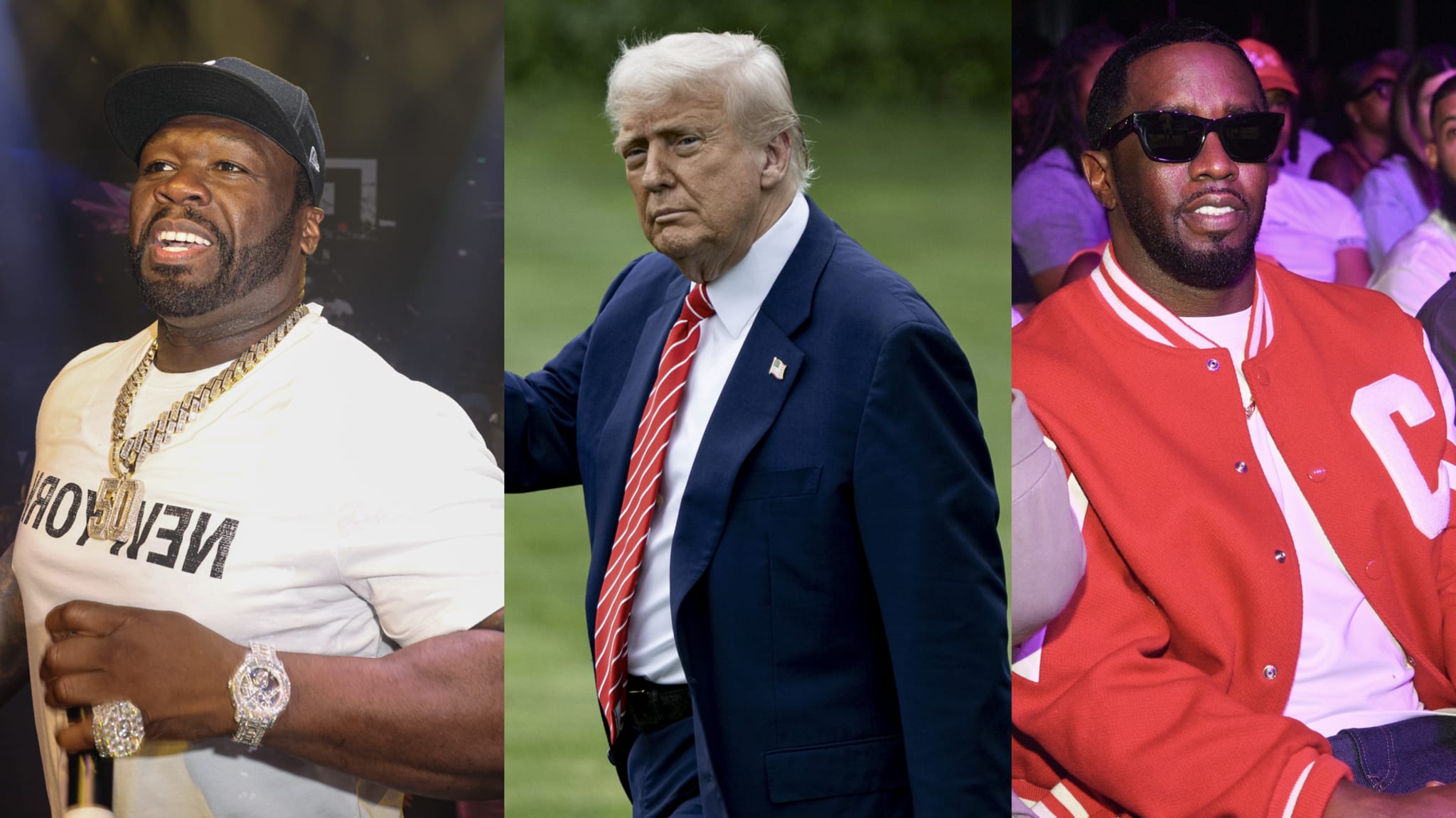 (L-R) 50 Cent, Donald Trump and Diddy.