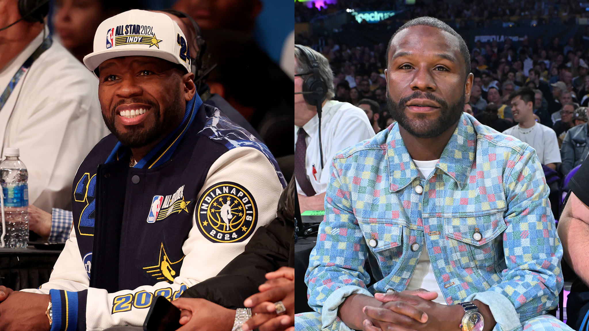 50 Cent in a jacket and cap, smiling, and Floyd Mayweather in a colorful jacket, seated at a sports event.