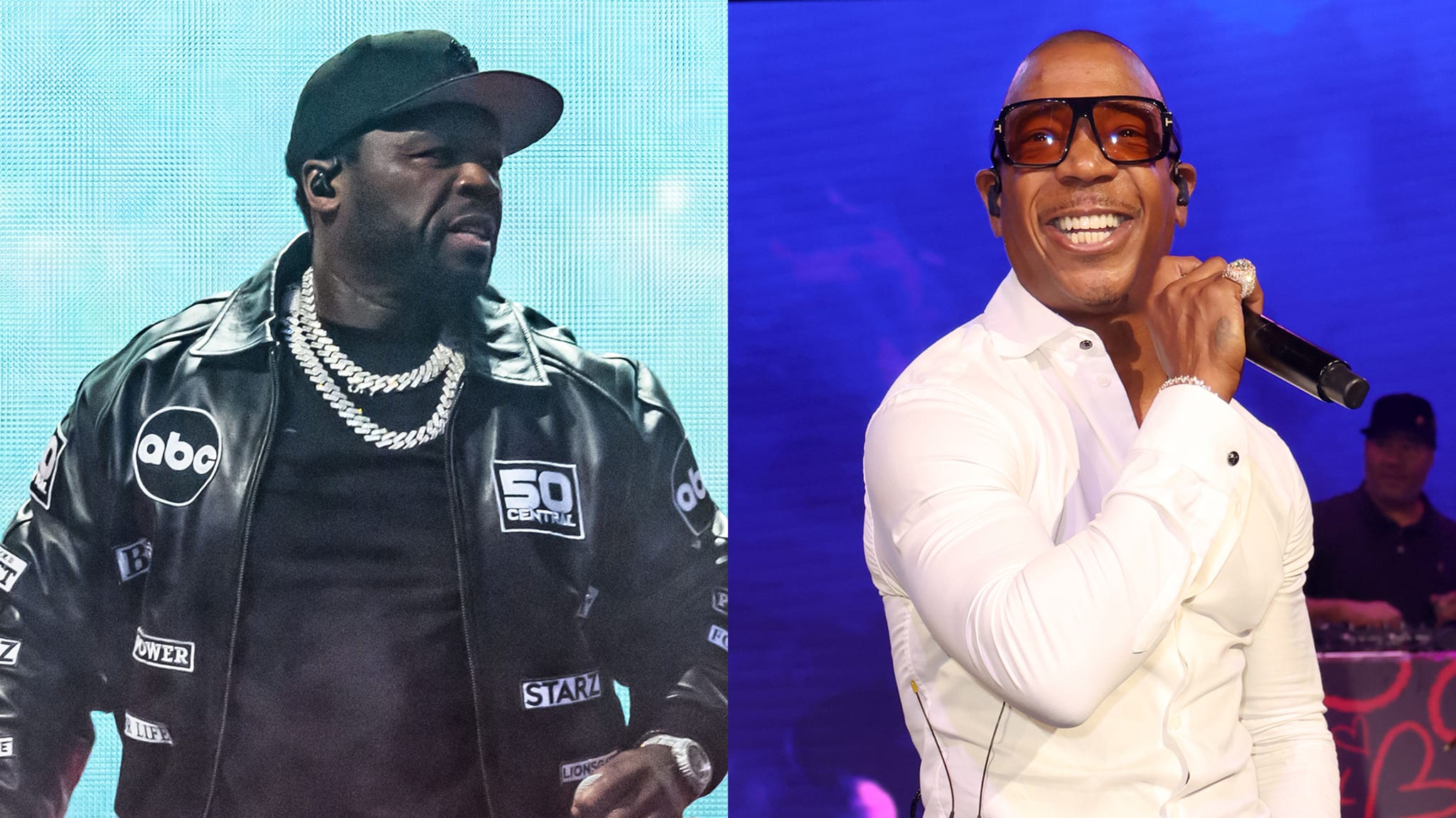 50 Cent wearing a black jacket and cap on the left; Ja Rule in a white shirt with sunglasses holding a microphone on the right.